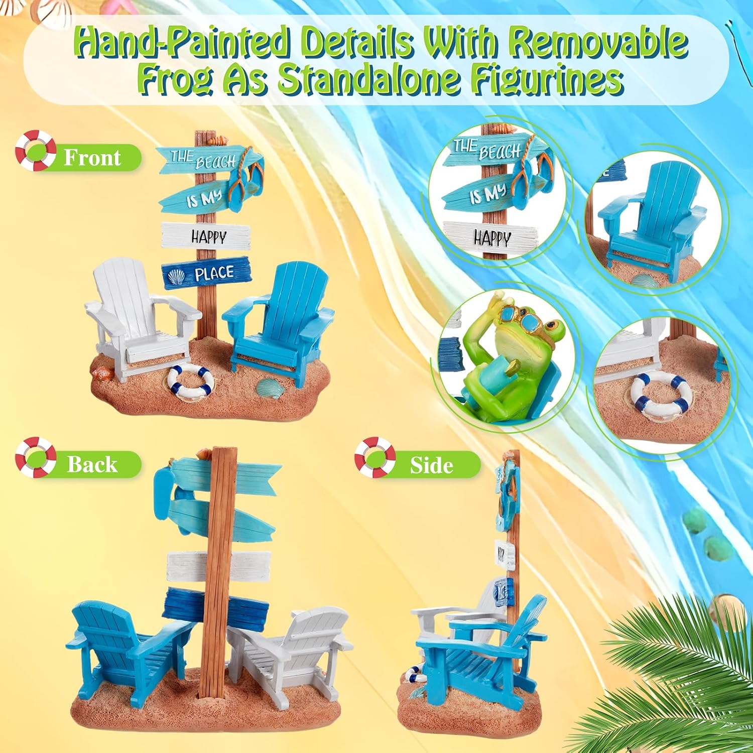 Wonderjune Beach Christmas Decor Costal Chair Resin with Animal Figurine Signs Ornament for Xmas Beach House Table Mantle Tabletop Decoration or Housewarming 7x7 Inch (Frog)