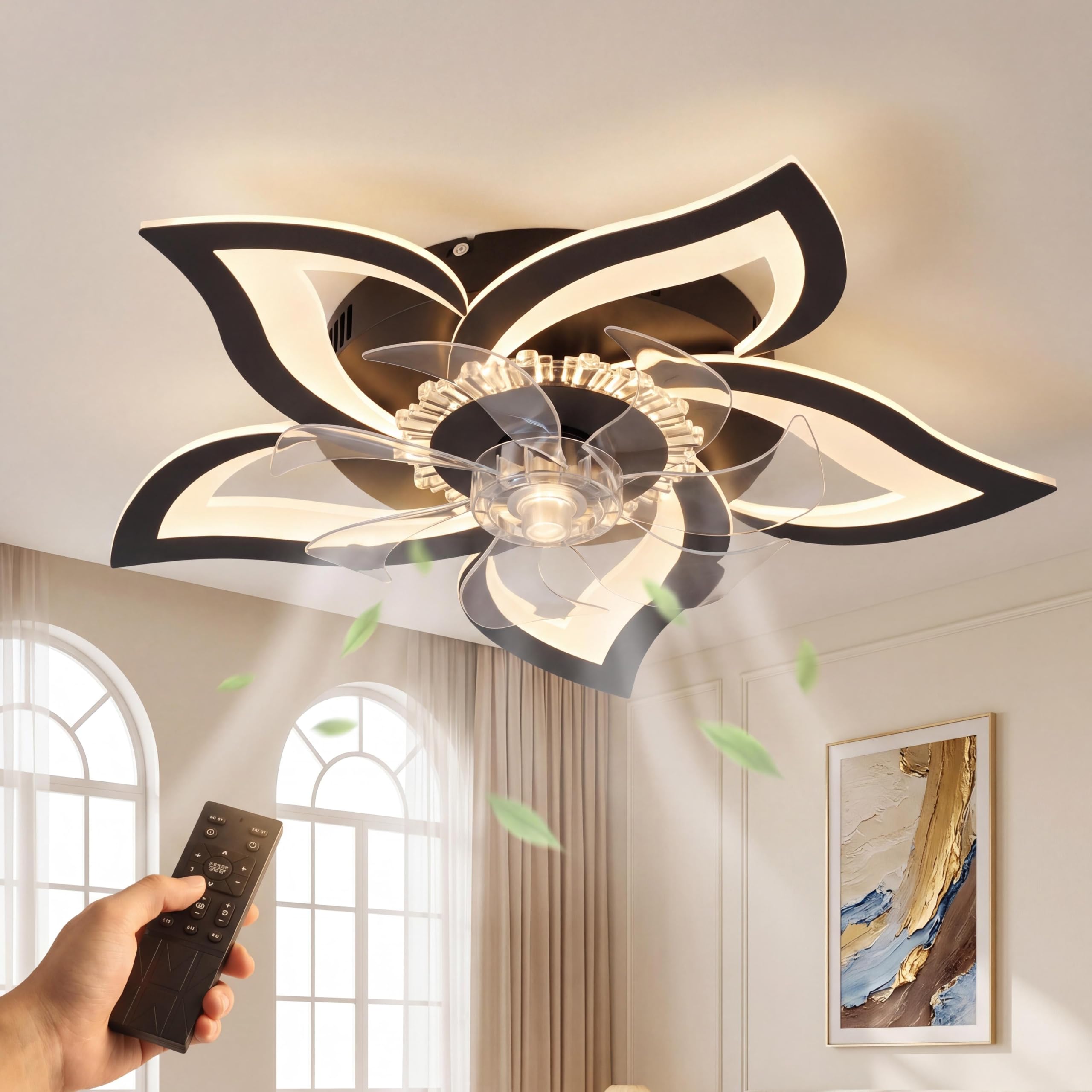 Panana Ceiling Fan with Lights, Reverable Remote & APP Control,6 Speeds Modern Bedroom Fan Light, Quiet Dimmable 3Color Smart Ceiling Light for Living Room, 65cm (Black)
