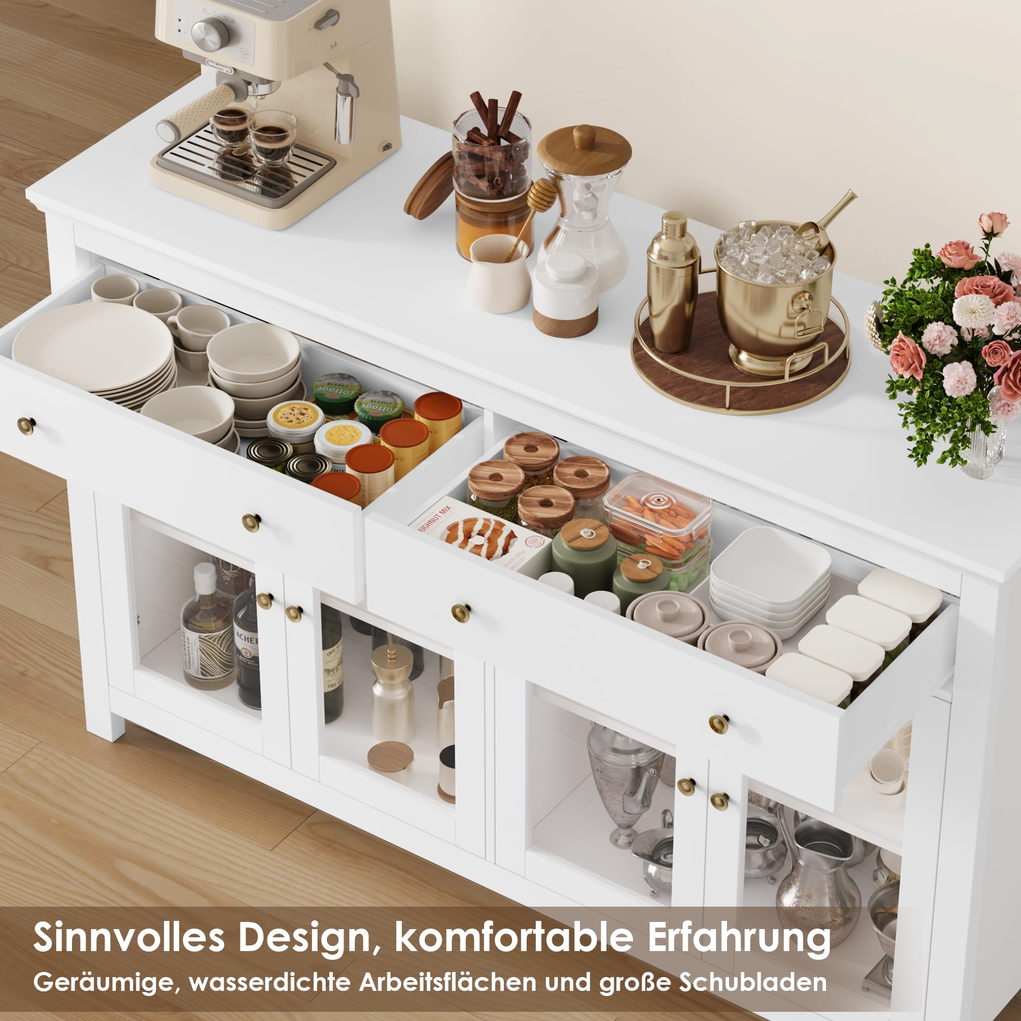 FirFurd Kredens o szerokości 140 cm, szafka kuchenna z blatem roboczym, kredensem do kuchni, salonu, szafka bufetowa z 2 szufladami i 4 szklanymi drzwiami, bufet kuchenny z regulowanym regałem, kolor