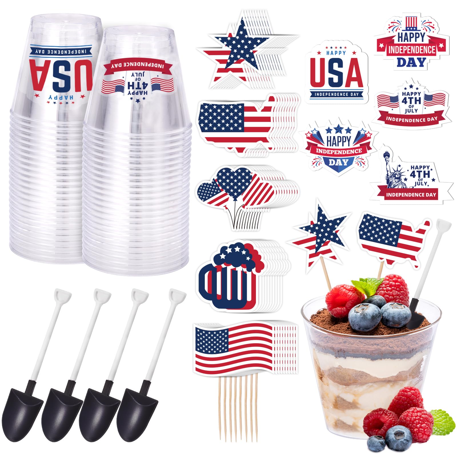 Whaline 200Pcs Independence Day Cup Supplies 50Pcs 4th of July Plastic Shovel Shape Novelty Spoons 50Pcs Cake Desserts Cups Patriotic Cupcake Toppers