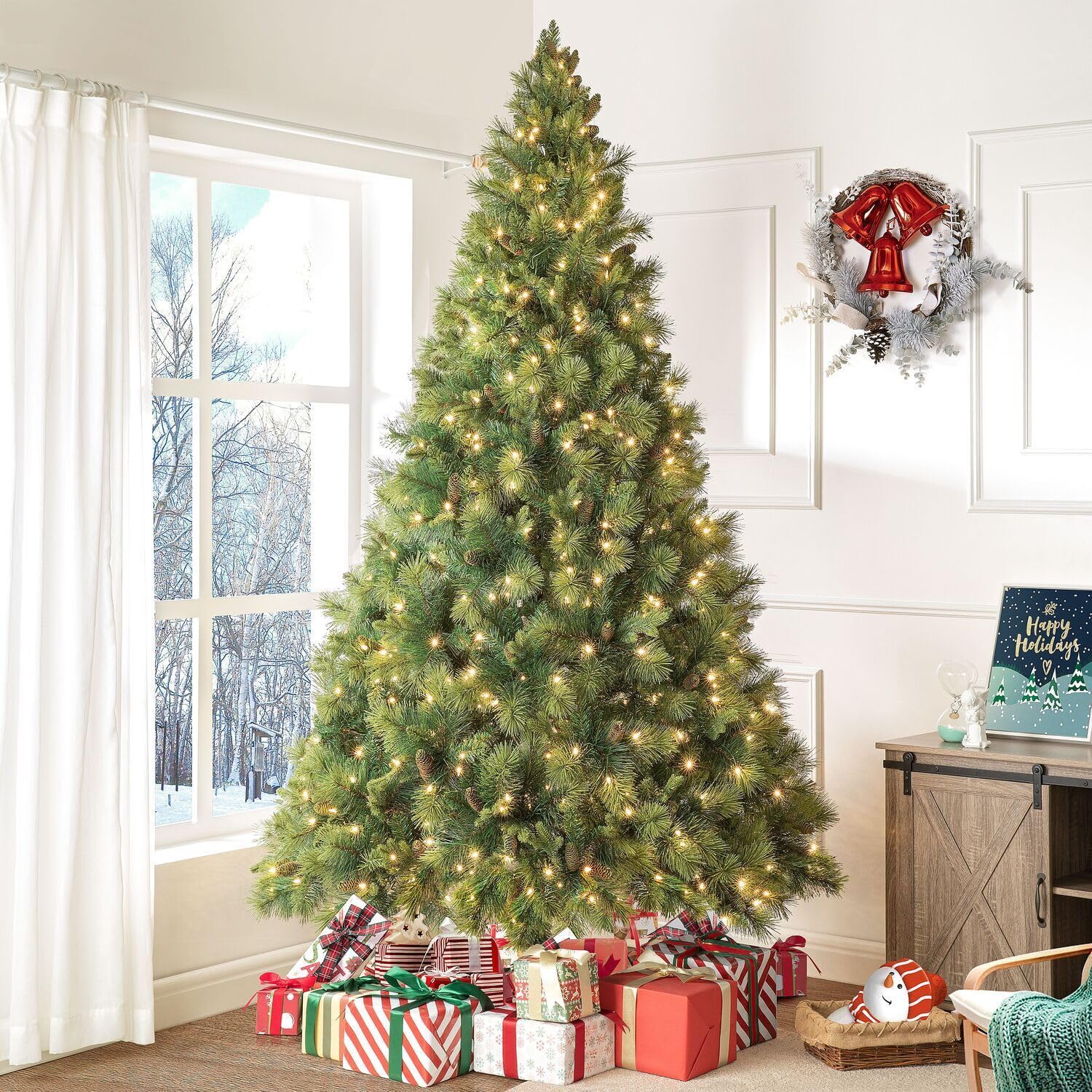 Naomi Home Vail 9ft Artificial Prelit Pine Cone Christmas Tree | 1,050 Warm Lights, 2,294 Branch Tips, 62" Wide, Foot Pedal, and Metal Stand for a Striking Holiday Display