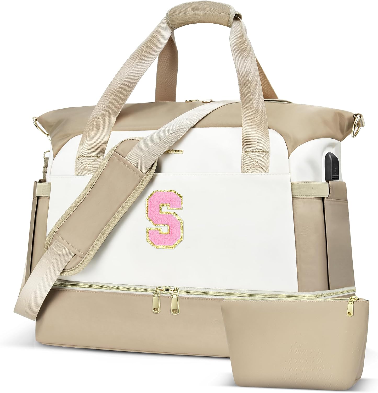 Initials Travel Bag for Women, Overnight Gym Carry On Tote with Shoes Compartment, Travel Duffel Bag with USB Charging Port, Weekender Overnight Bag for Women, Travel, Gym, Hospital Beige - A Beige W