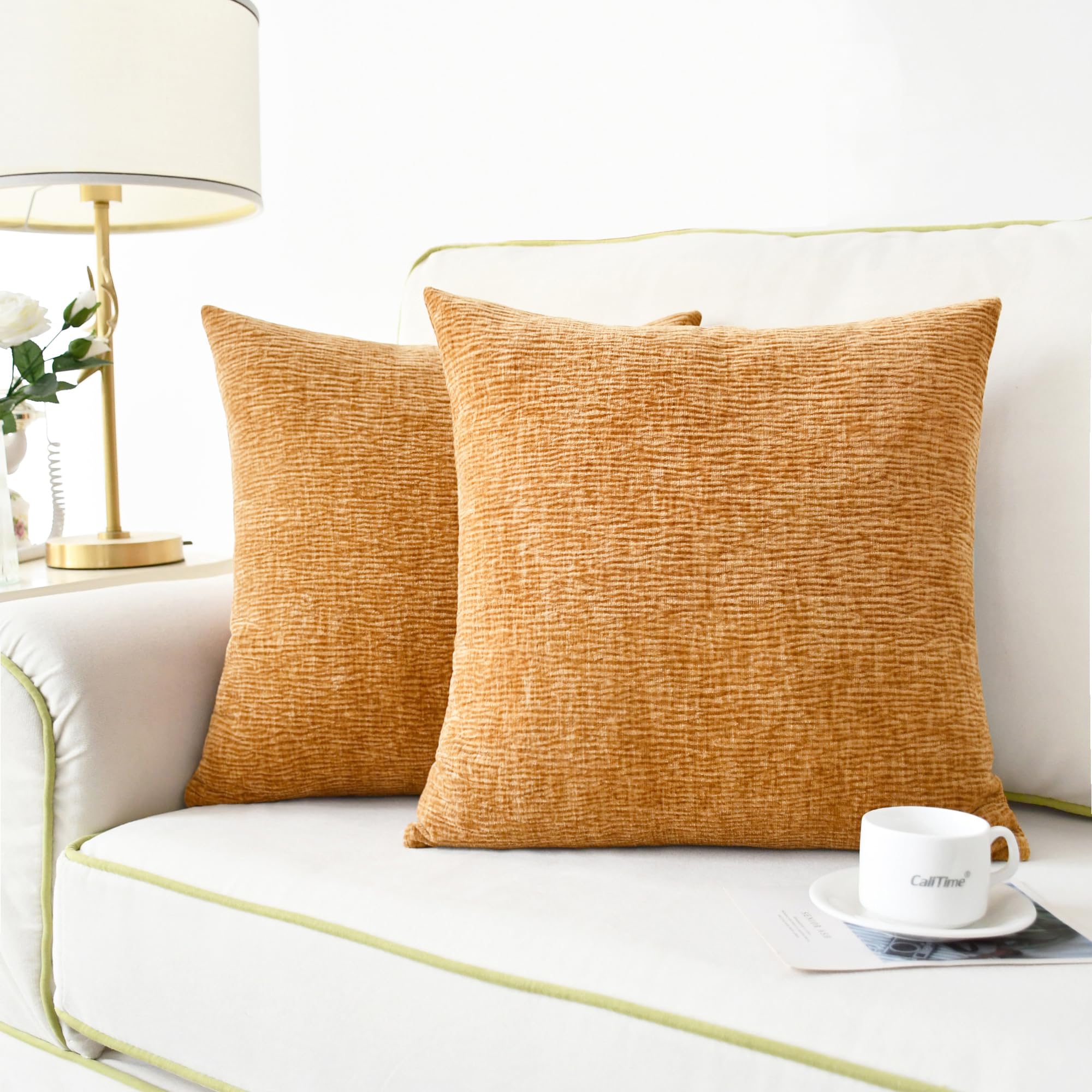 CaliTime Throw Pillow Covers Pack of 2 Soft Water Waves Texture Solid Dyed Chenille Cushion Cases for Couch Sofa Home Decoration 18 X 18 Inches Camel