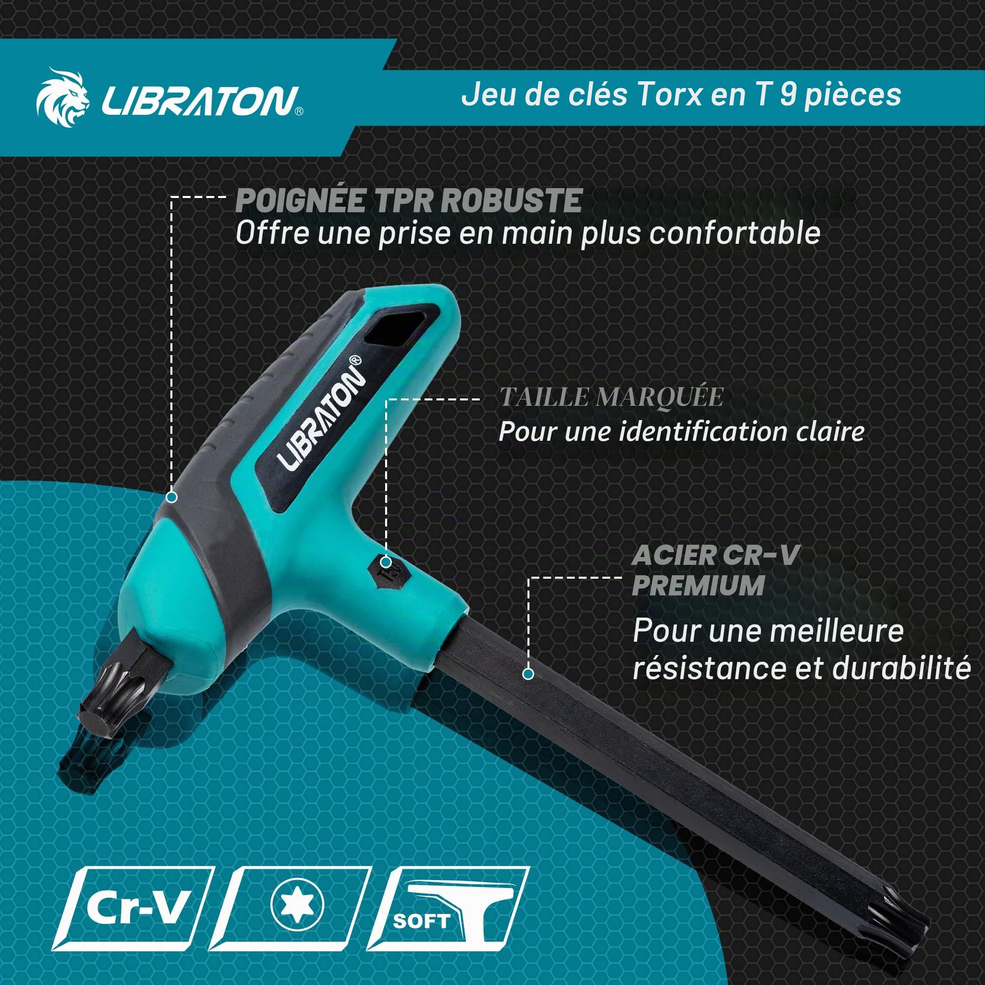 LIBRATON Jeu de Clés Torx à Poignée en T, Clé Torx à Étoile T10-T50, Conception à Deux Pointes, Adaptée Aux Vis Torx, Bricolage, Outil de Réparation de Vélo, 9 Pièces avec Support de Rangement