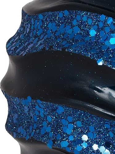 Miniatura 4 de Vickerman Esfera ondulada de adorno de Navidad de 6 pulgadas, acabado de caramelo a rayas azul medianoche con detalles de purpurina, plástico