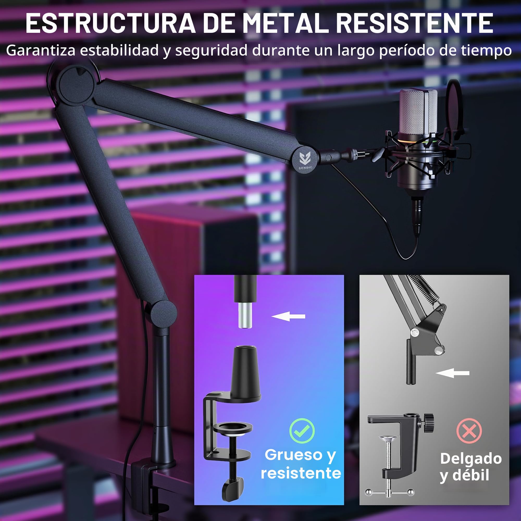 Sensic Brazo de micrófono SA-30, soporte de micrófono giratorio de 360° con elevador de 6 pulgadas, soporte de micrófono con adaptadores de 1/4", 3/8" y 5/8", brazo de micrófono profesional con