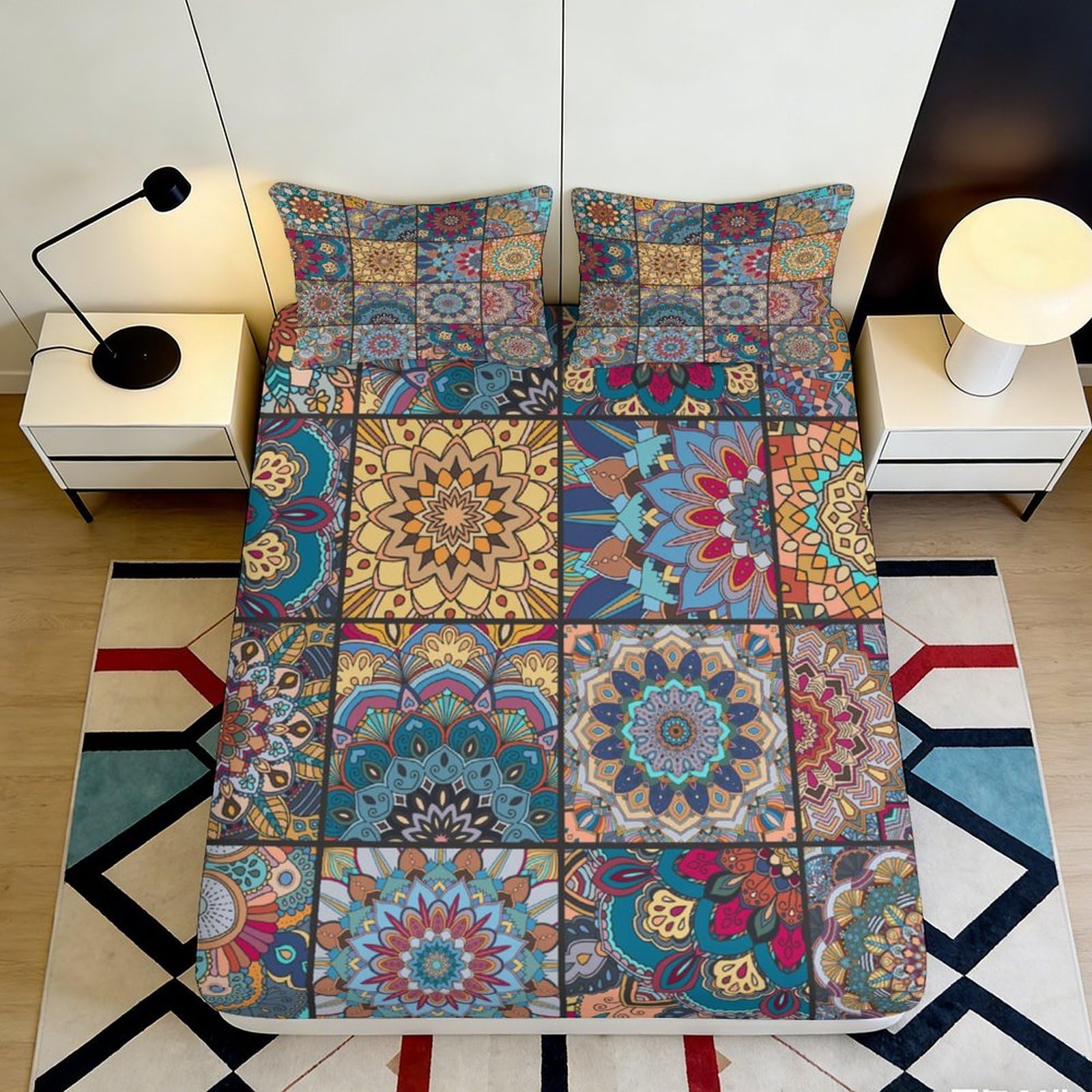 3D Printed Mandala Patchwork Fitted Sheet Microfiber Soft Breathable Boho Mosaic Bed Cover for Bedroom Guest Room Decor 90x200x25cm