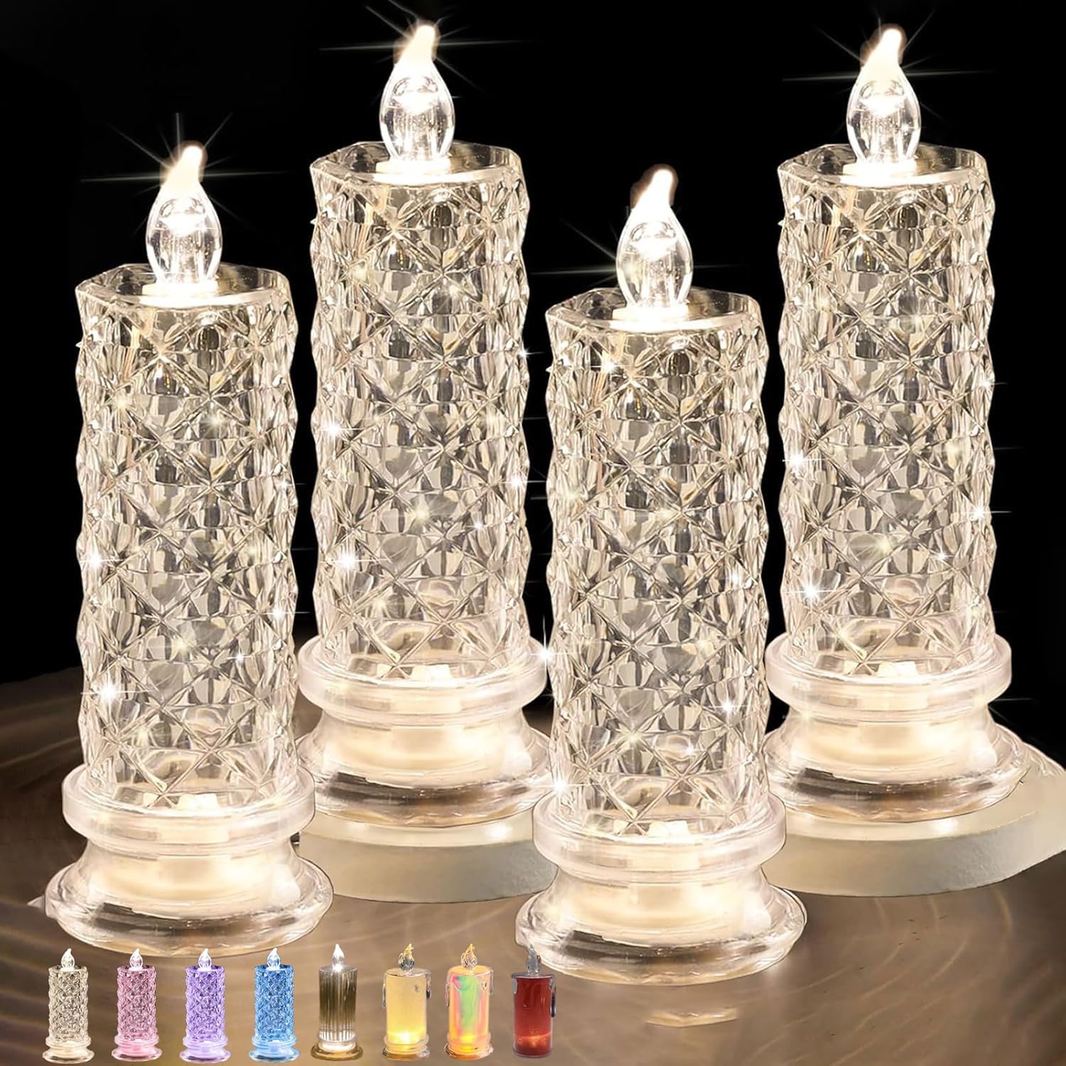 4PCS Rose Shadow Led Flameless Candle Lights, Set of 4 LED Crystal Candle Lights, Flameless LED Candles, Battery Operated Romantic Clear Pillar Candles Set for Wedding Christmas Decoration (White-A)