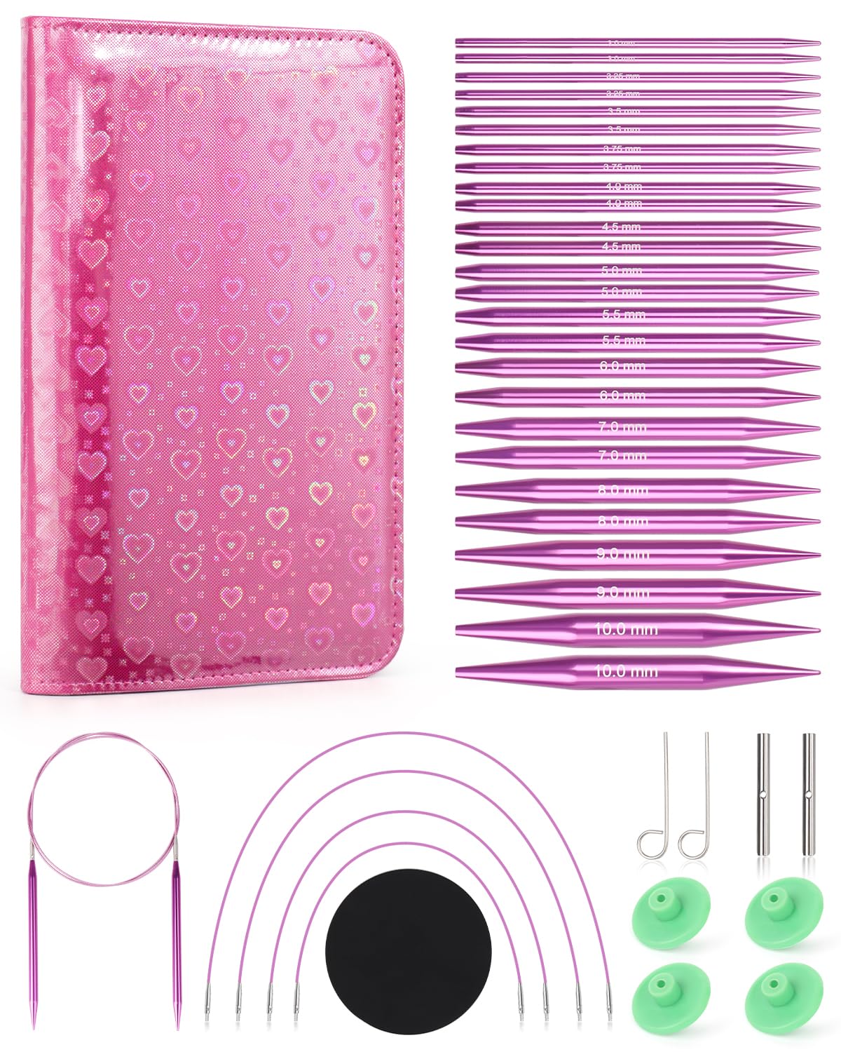 Aeelike Austauschbare Rundstricknadeln Set Metal, 13 Paar 3mm-10mm Stricknadeln, Rundstricknadel Set Austauschbar mit Etui und Zubehör für Strickbegeisterte, Lila Herz