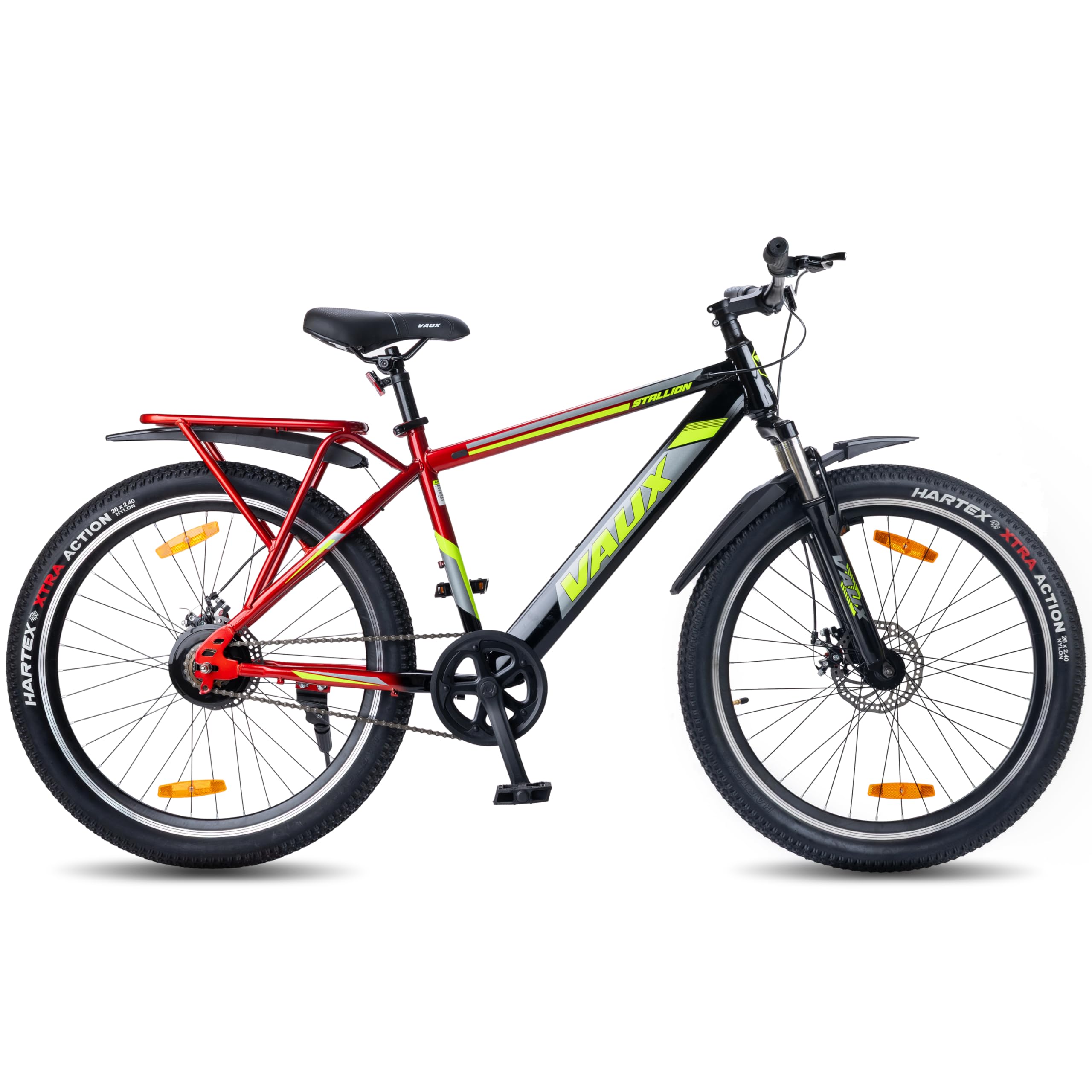Vaux Stallion-Pro 26T Cycle for Men with Integrated Carrier IBC| 17" Steel Frame| Dual-Tone Colors| Dual Disc Brakes| 26 X 2.4 Nylon Tyres| 80mm Front Suspension| Double Wall Alloy Rims(Red-Black)-image-18