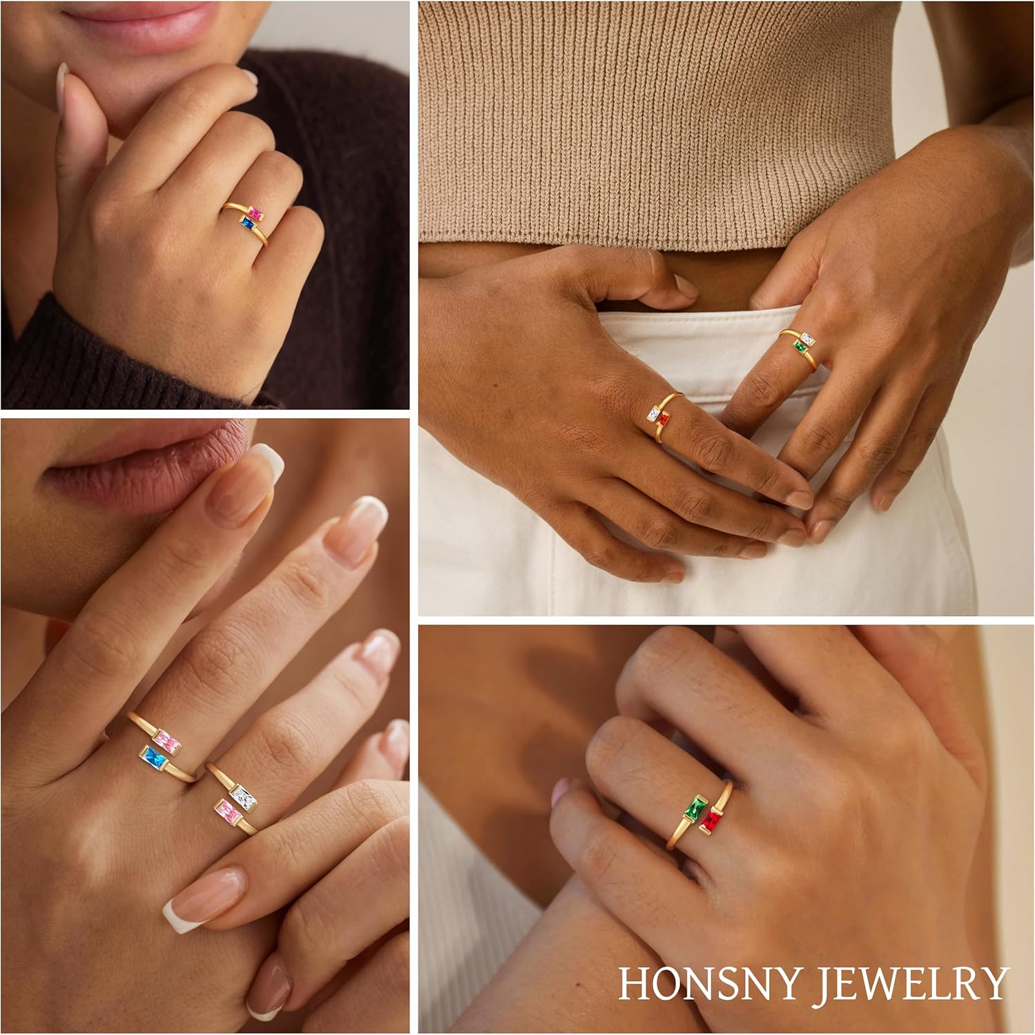 Honsny Gold Birthstone Rings for Women Non Tarnish 14K Gold Plated Adjustable Emerald Ring Cubic Zirconia Gemstone Promise Ring for Her Engagement Personalized Waterproof Jewelry Gifts for Birthday - Image 4