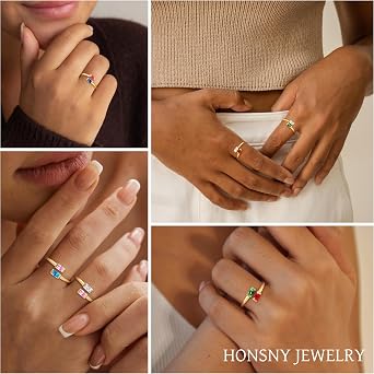 Honsny ゴールド誕生石リング 女性用 無変色 14K 金メッキ 調節可能なエメラルドリング キュービックジルコニア 宝石 プロミスリング 婚約 パーソナライズ 防水 ジュエリー ギフト 誕生日
