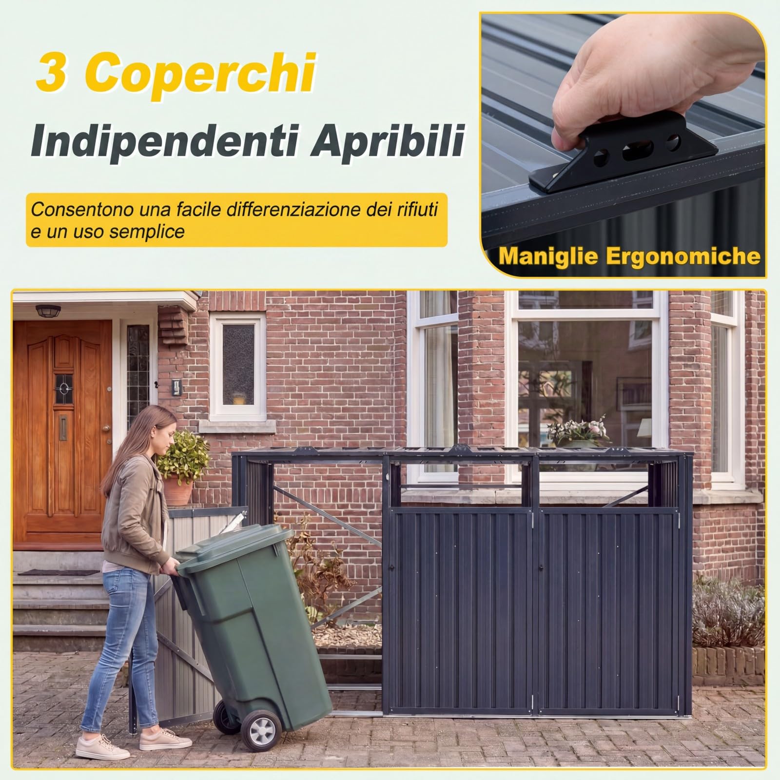 COSTWAY Copribidone Spazzatura Esterno 3 Scomparti con Porta Bloccabili | Contenitore per Raccolta Differenziata in Acciaio Zincato con Coperchi Apribili, da Giardino e Cortile 238 x 79,5 x 122 cm