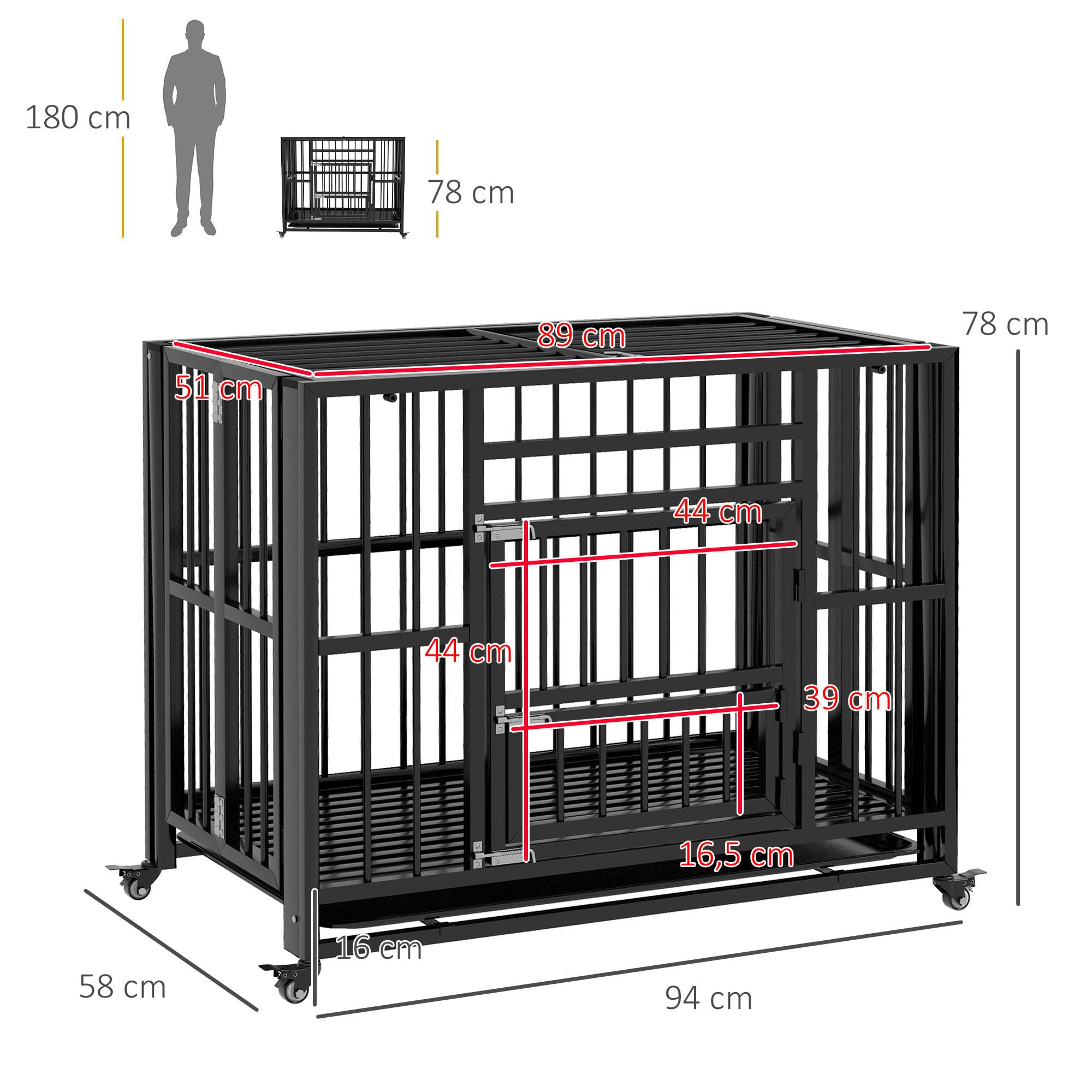 PawHut Cage pour Chien sur roulettes Cage de Transport Pliable en Acier pour Chiens de Taille Grande et Moyenne 2 Portes verrouillables Plateau Amovible 94 x 58 x 78 cm Noir