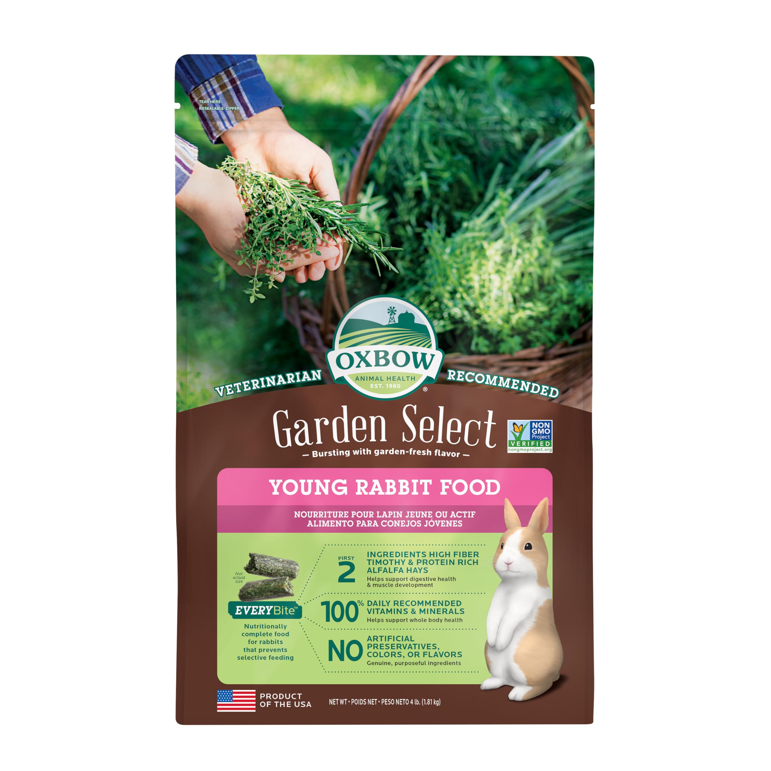 Oxbow Garden Select Rabbit Food, Young, Made Alfalfa for Rabbit, Bunny Food Pellets, Non-GMO, No Soy or Wheat, Small Animal Pet Products, Made in USA, High Fiber, 4 lb. Bag