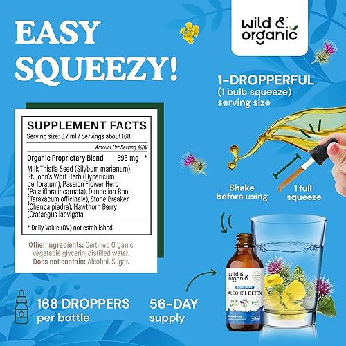 Miniatura 3 de Wild & Organic Gotas de desintoxicación de alcohol, limpieza de hígado y riñón con cardo mariano, triturador de piedras Chanca Piedra, complejo anti