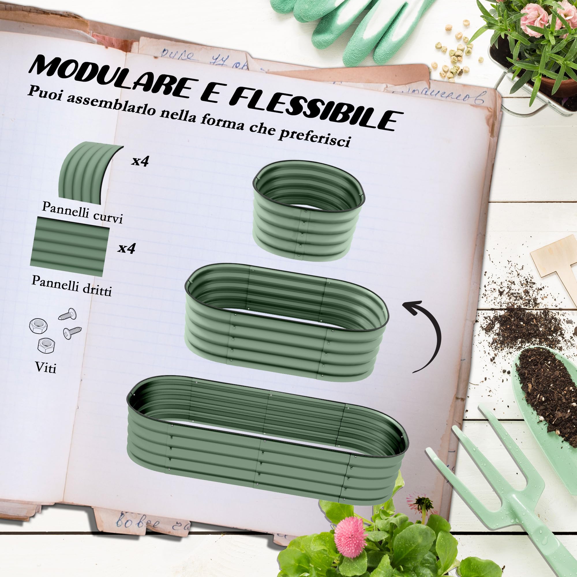 Outsunny Letto per Orto Rialzato Modulare 150x62x30cm, Cassone per Orto in Acciaio Galvanizzato con Fondo Aperto, Verde