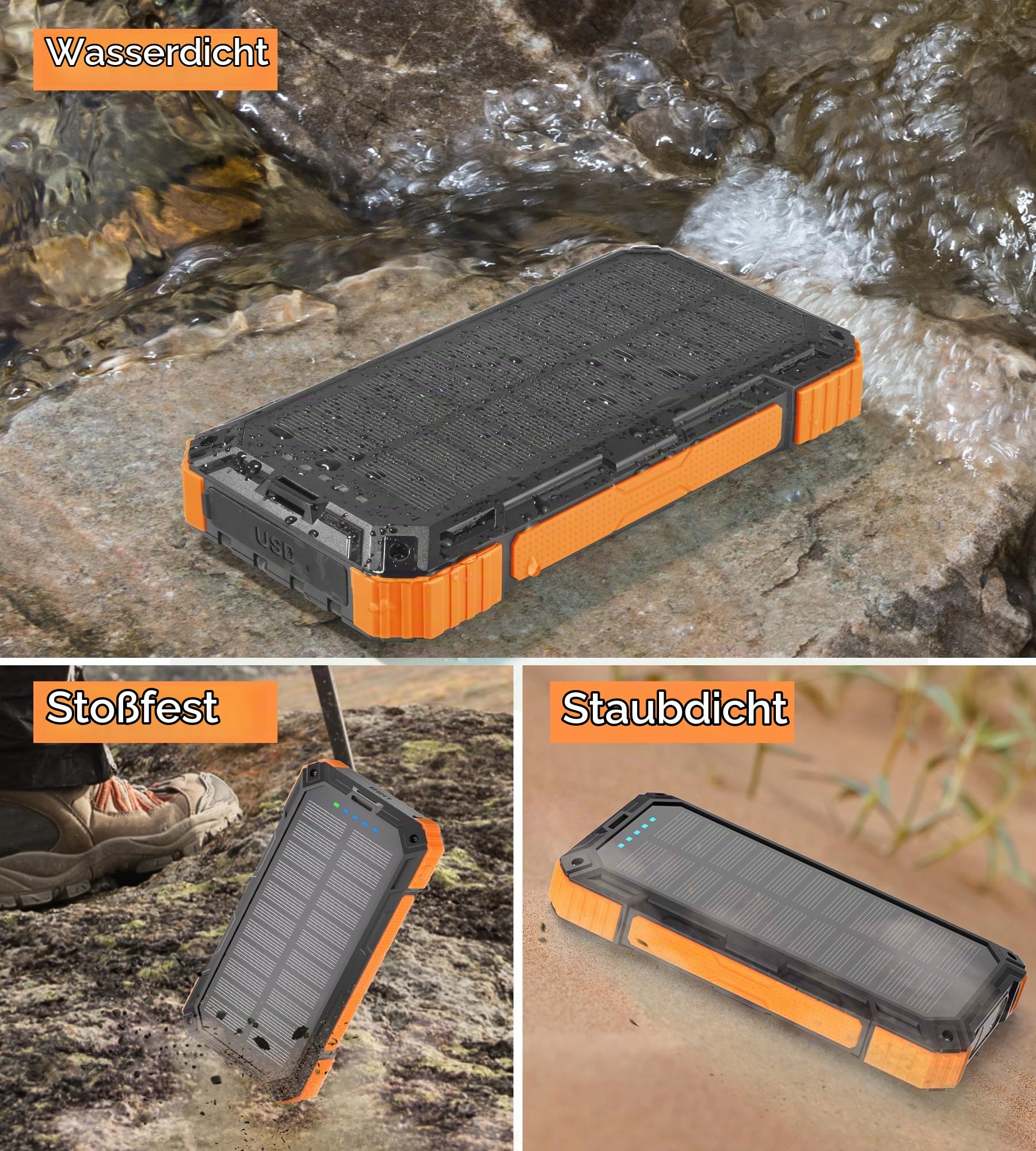 56800mAh Solar Powerbank, Wireless Power Bank groß mit 4 Kabeln, 30W PD Schnellladefunktion, 6 Ausgänge, Taschenlampen, Power Bank große Kapazität für Camping, Outdoor, Phone, Tablets (Orange)