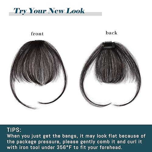 Miniatura 5 de S-noilite Flequillo de cabello humano con clip, extensión de flequillo de aire fino con sienes, 1 clip de una pieza, extensiones de cabello Remy