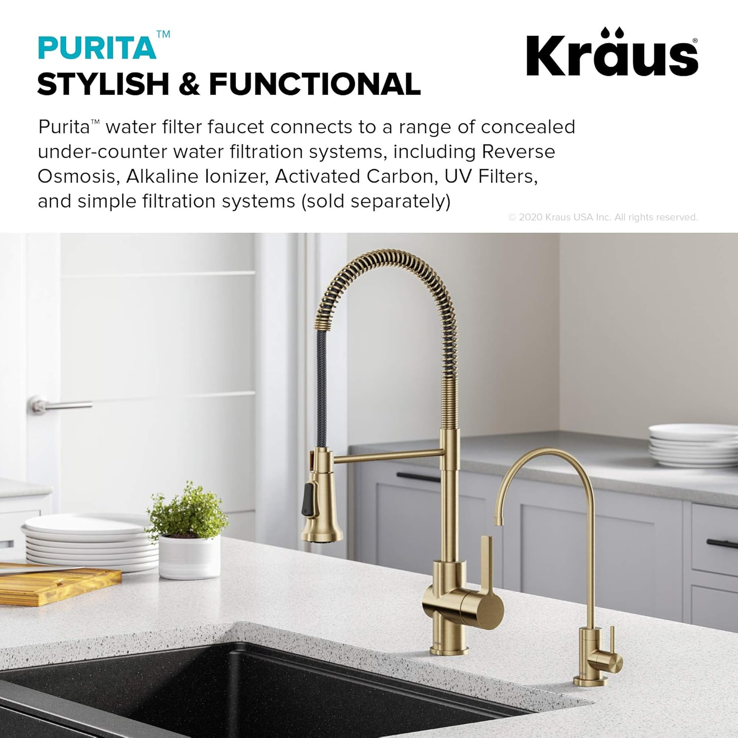 KRAUS Allyn Industrial Pull-Down Single Handle Kitchen Faucet in Spot-Free Antique Champagne Bronze & Purita 100% Lead-Free Kitchen Water Filter Faucet in Spot Free Antique Champagne Bronze