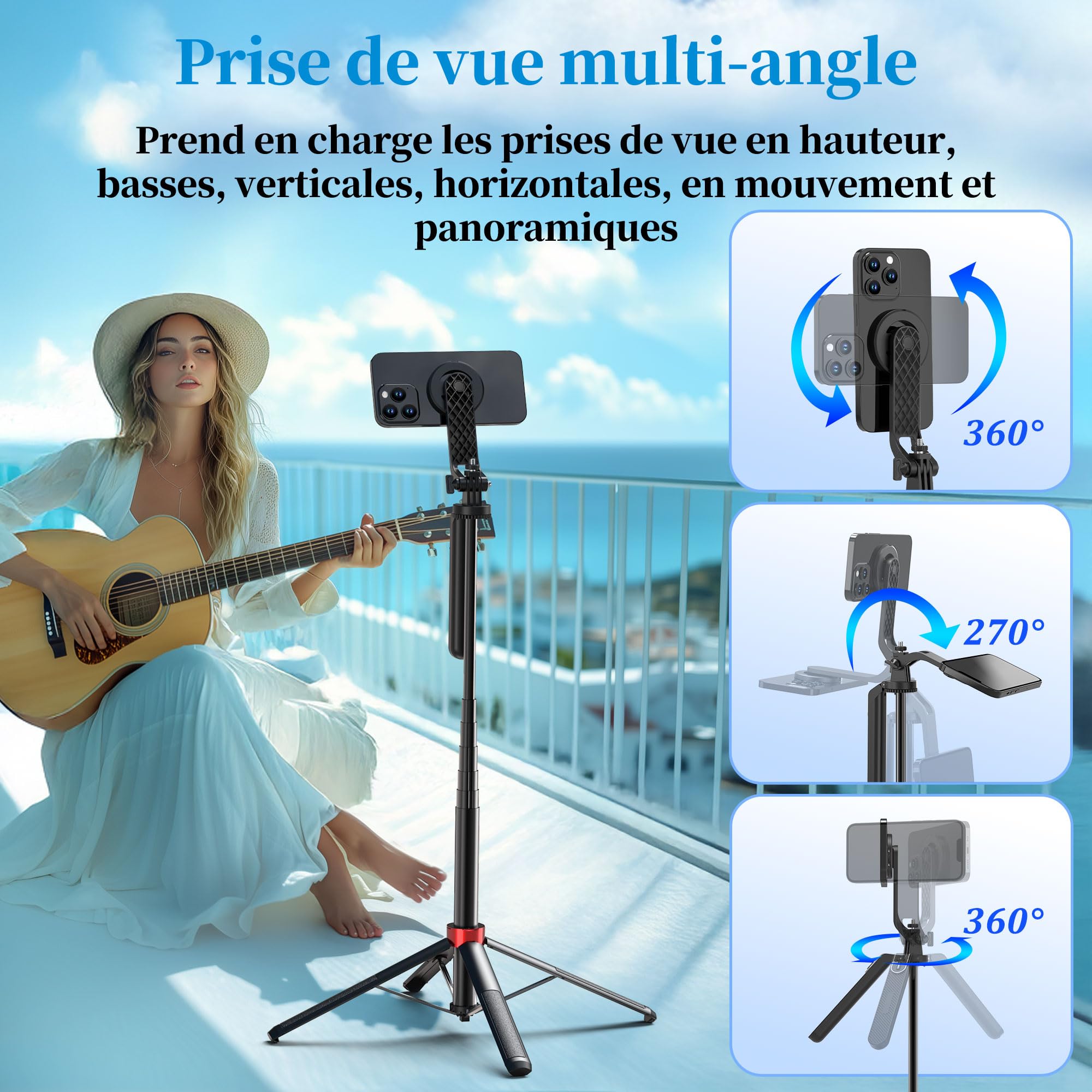 PlusAcc 176 cm Trépied magnétique pour MagSafe Selfie - Support Stable en Aluminium et Support de Voyage Rotatif à 360° - Compatible avec iPhone/Smartphones pour Selfies, enregistrements vidéo en