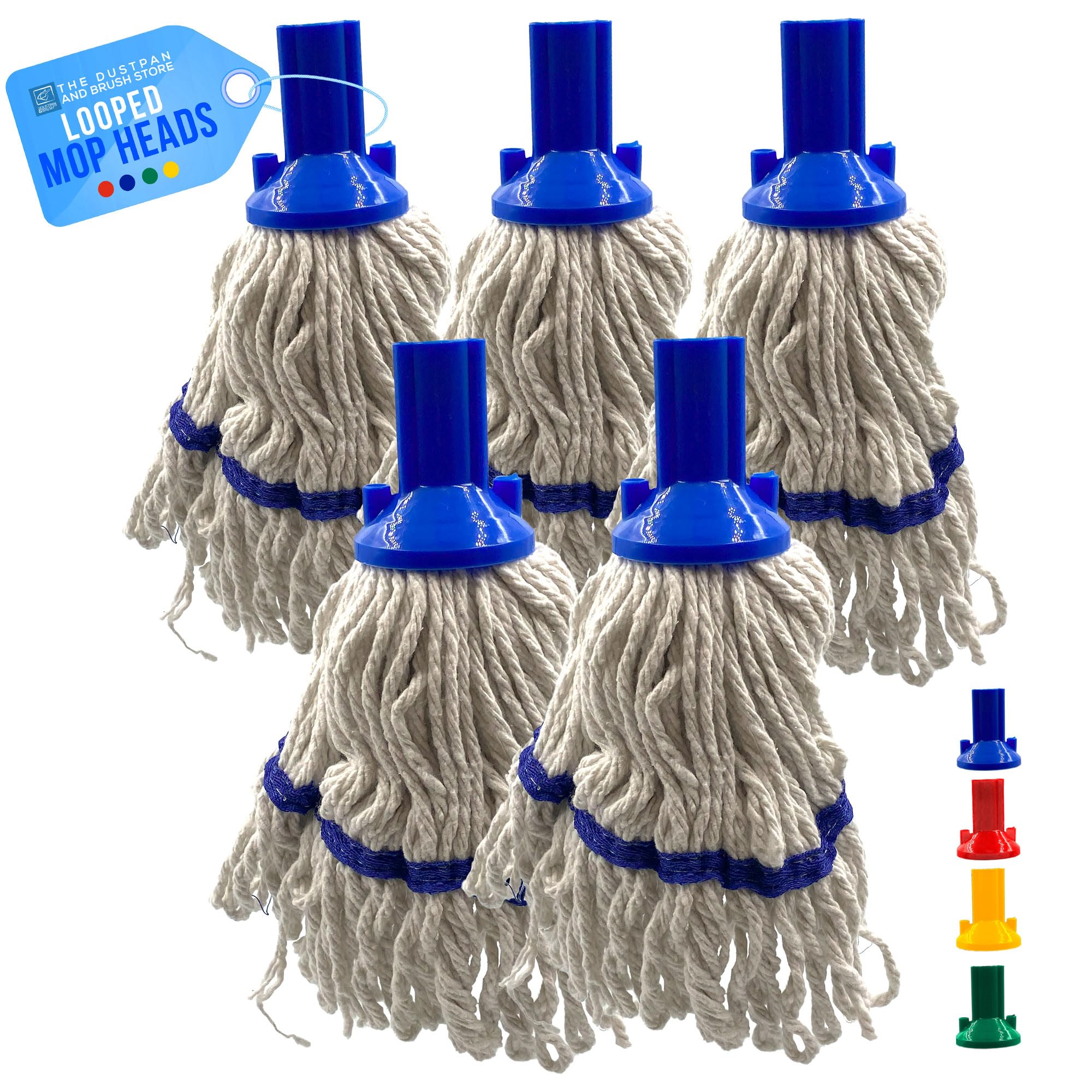 Tdbs The Dustpan And Brush Store Blue Looped Cotton Mop Heads Replacement With Absorbent Yarn, Self Threading Floor Mop Head, Floor Mops For Tiles, Wood, Laminate - Color Coded Commercial Cleaning - Pack Of 5