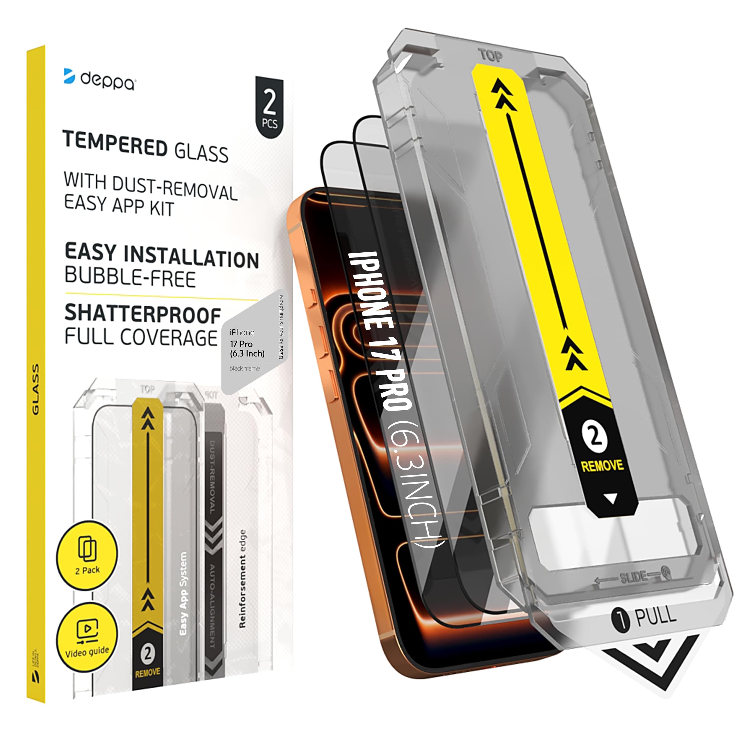 Deppa | Lot de 2 | pour iPhone 17 Pro (6.3") Verre Trempé avec Kit de pose facile | Anti-Poussière & Anti-Bulles | Résistant aux Chocs | Couverture Complète |