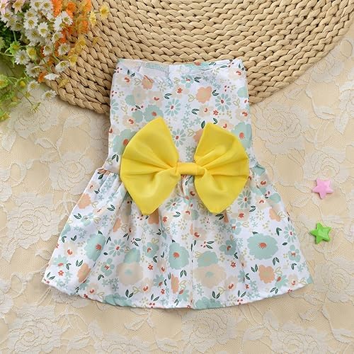Miniatura 21 de Vestido sin mangas con estampado floral para mascotas con dulce lazo grande, disfraz de princesa para perro pequeño de colores vibrantes, disfraz