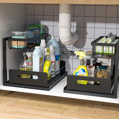 bukfen Under Sink Organizer, Pull Out Cabinet Organizer 2-Tier Slide Out Sliding Shelf Under Cabinet Storage Multi-Use for Under Kitchen Bathroom Sink Organizers and Storage ,2 Pack - Black - 2 Pack