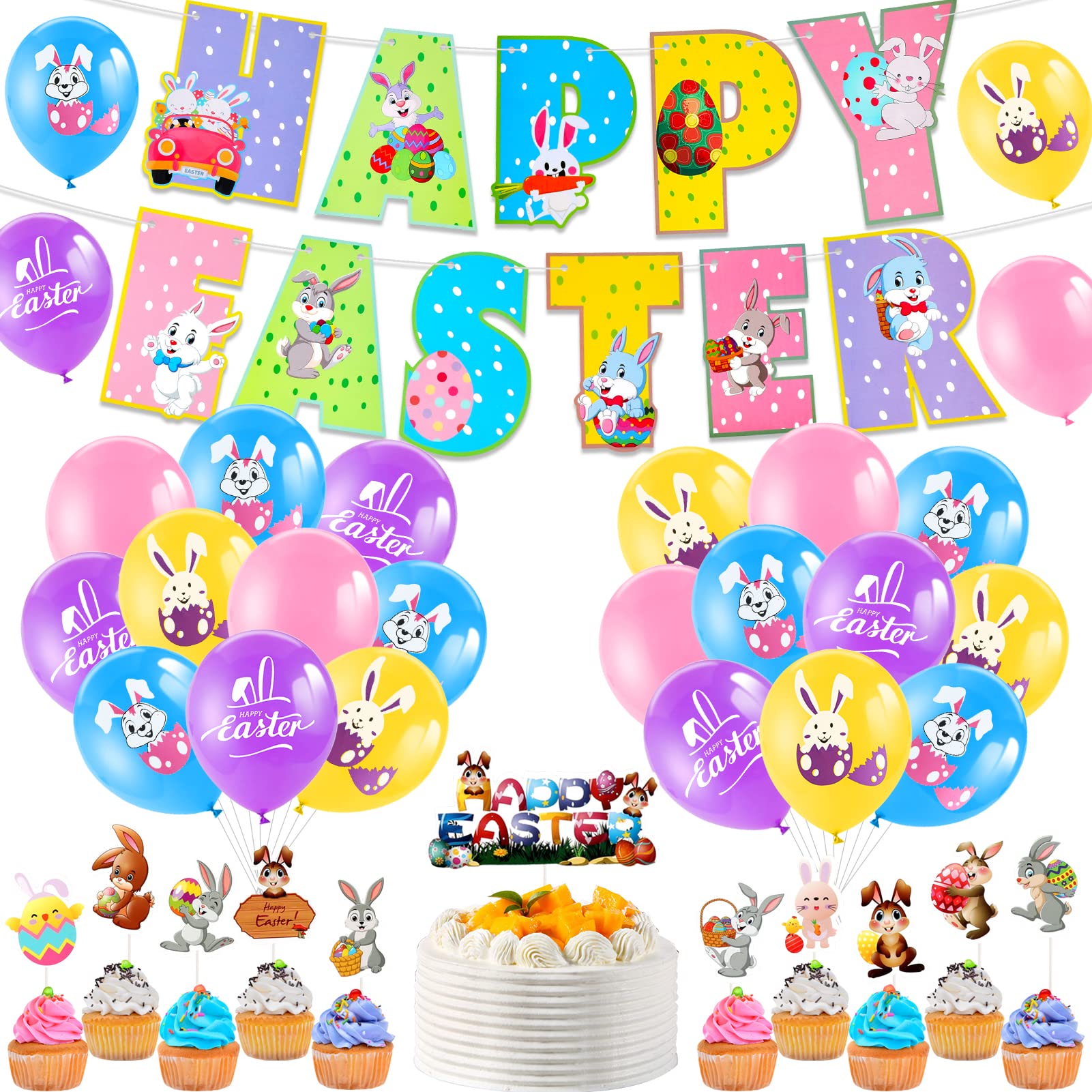 HOWAF 36 Pack Easter Party Decorations Set, Includes Happy Easter Banner, Colorful Latex Balloons with Cute Bunny Patterns, Easter Cake Toppers for Easter Party Supplies Favors Home Ornaments