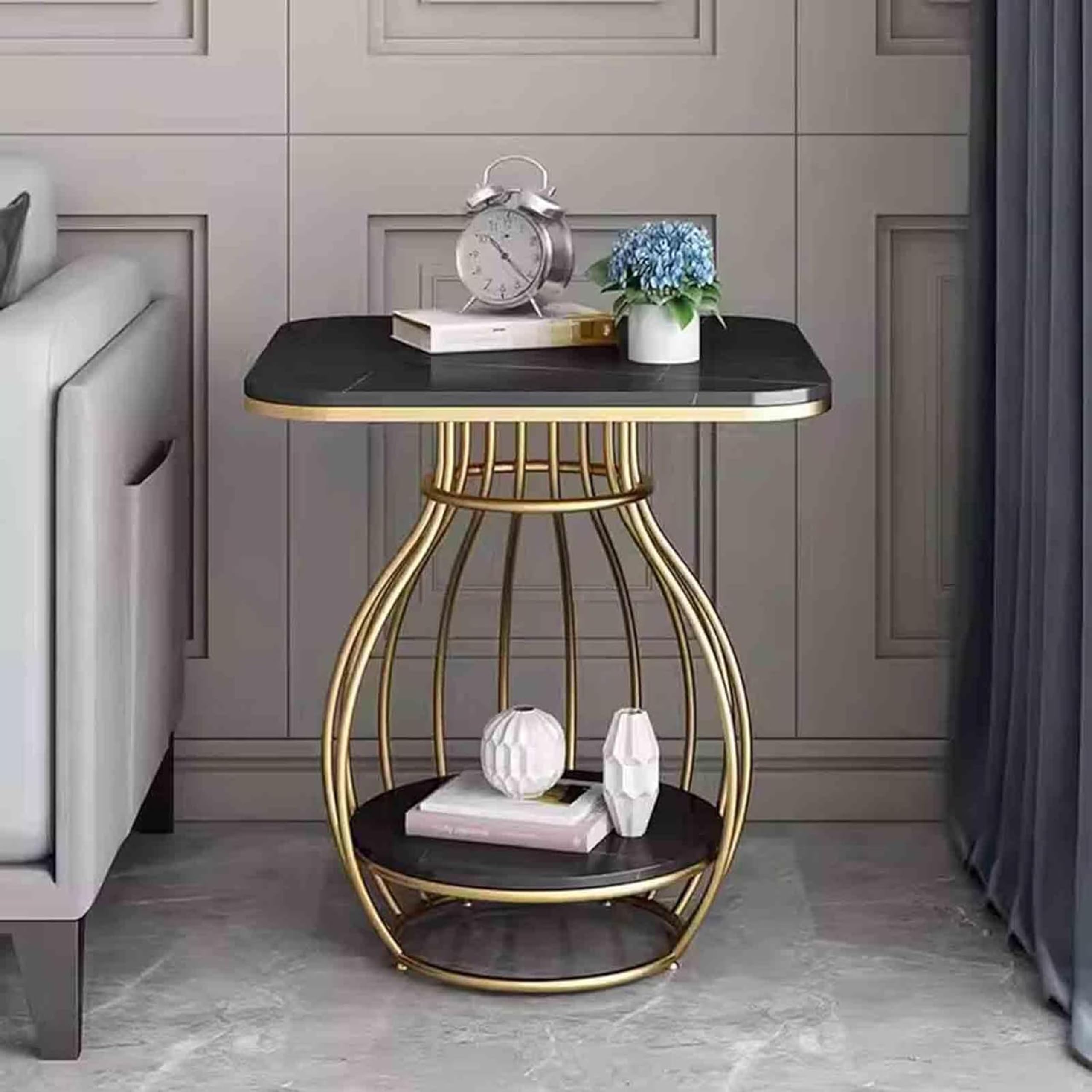 CROWN ART SHOPPEE Modern Side Table Corners Living Room Square Table Double Tier Sofa Side Table,Round Base Coffee Table,Portable Bedroom Nightstands Small Space-Black Gold-image-49