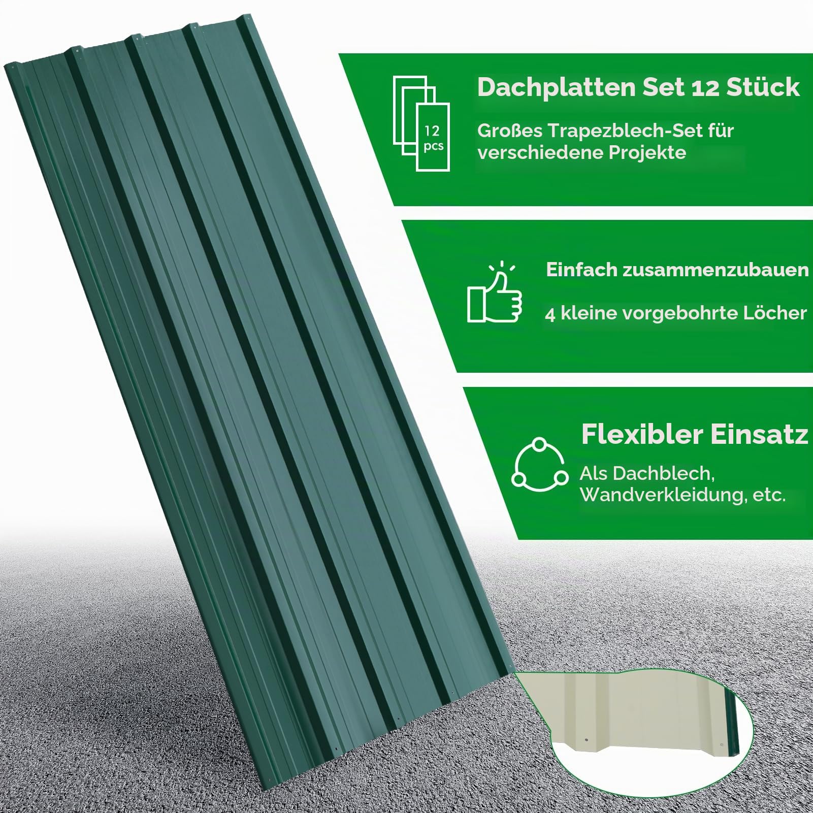 12x Trapezblech 7 m², 110 x 45 cm, Metal Verzinkt Rostresistent Wetterfest Profilblech Dachblech Wellblech Dachplatten Gerätehaus Carport (GREEN-12PCS)