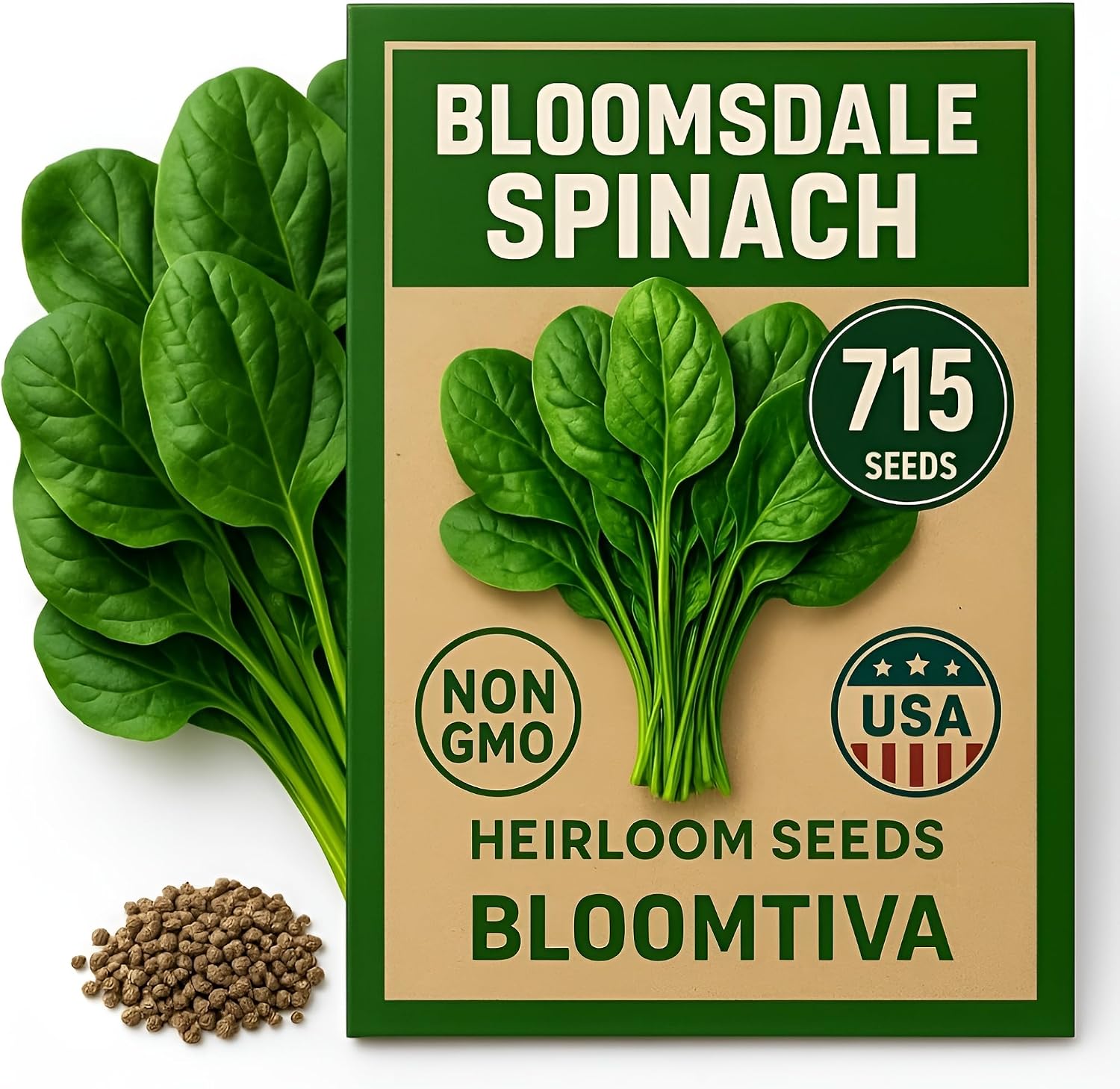 Bloomtiva Bloomsdale Spinach Seeds - 715 Heirloom Non-GMO Seeds for Hydroponics & Soil, High Germination, Made in USA