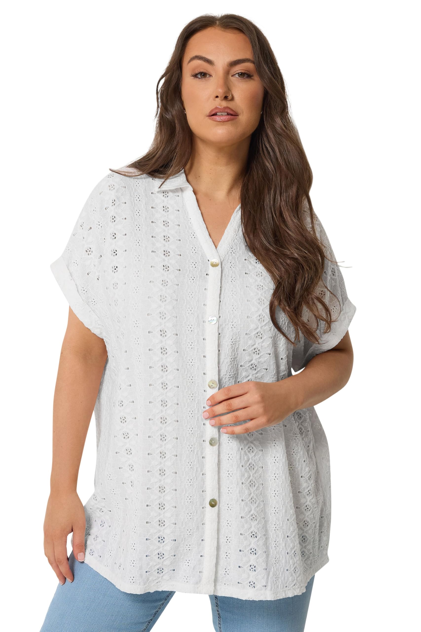 Yours Women's White Broderie Anglaise Grown-On Sleeve Shirt In | Size: 22-24