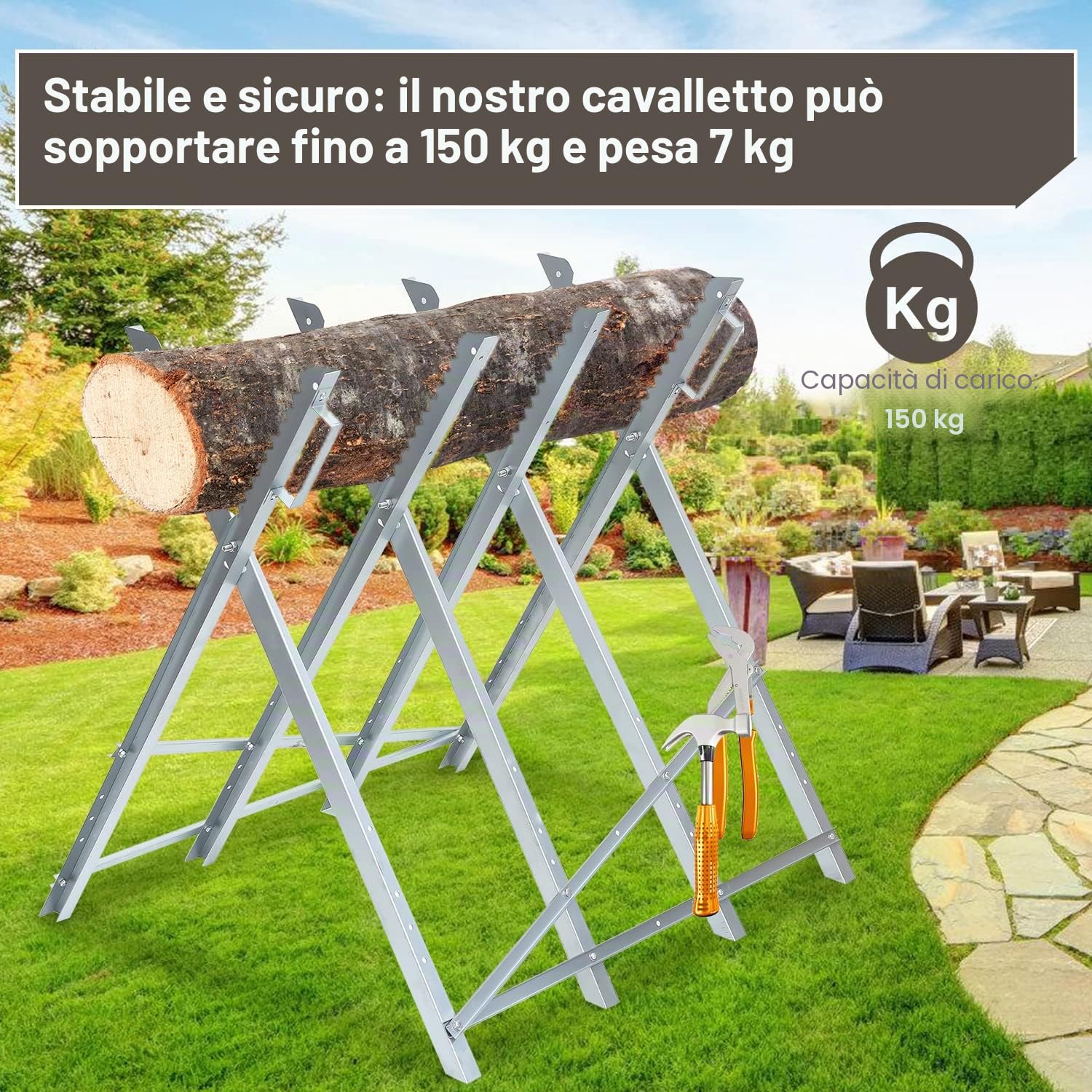 Cavalletto per segatura pieghevole, supporto per segatura, 81 x 80 x 80 cm, supporto per sega per segatura del legno con capacità di 150 kg, cavalletto per motosega per lavori di segatura del