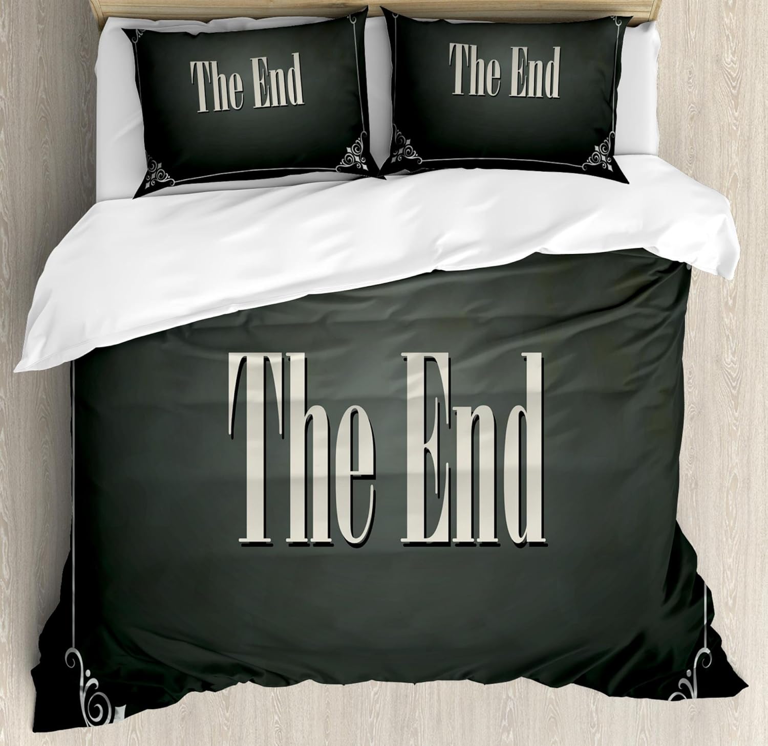 Ambesonne Movie Theater Duvet Cover Set, End Words Swirled Frame on an Abstract Ombre Background, Decorative 3 Piece Bedding Set with 2 Pillow Shams, Queen Size, Charcoal Grey Cream