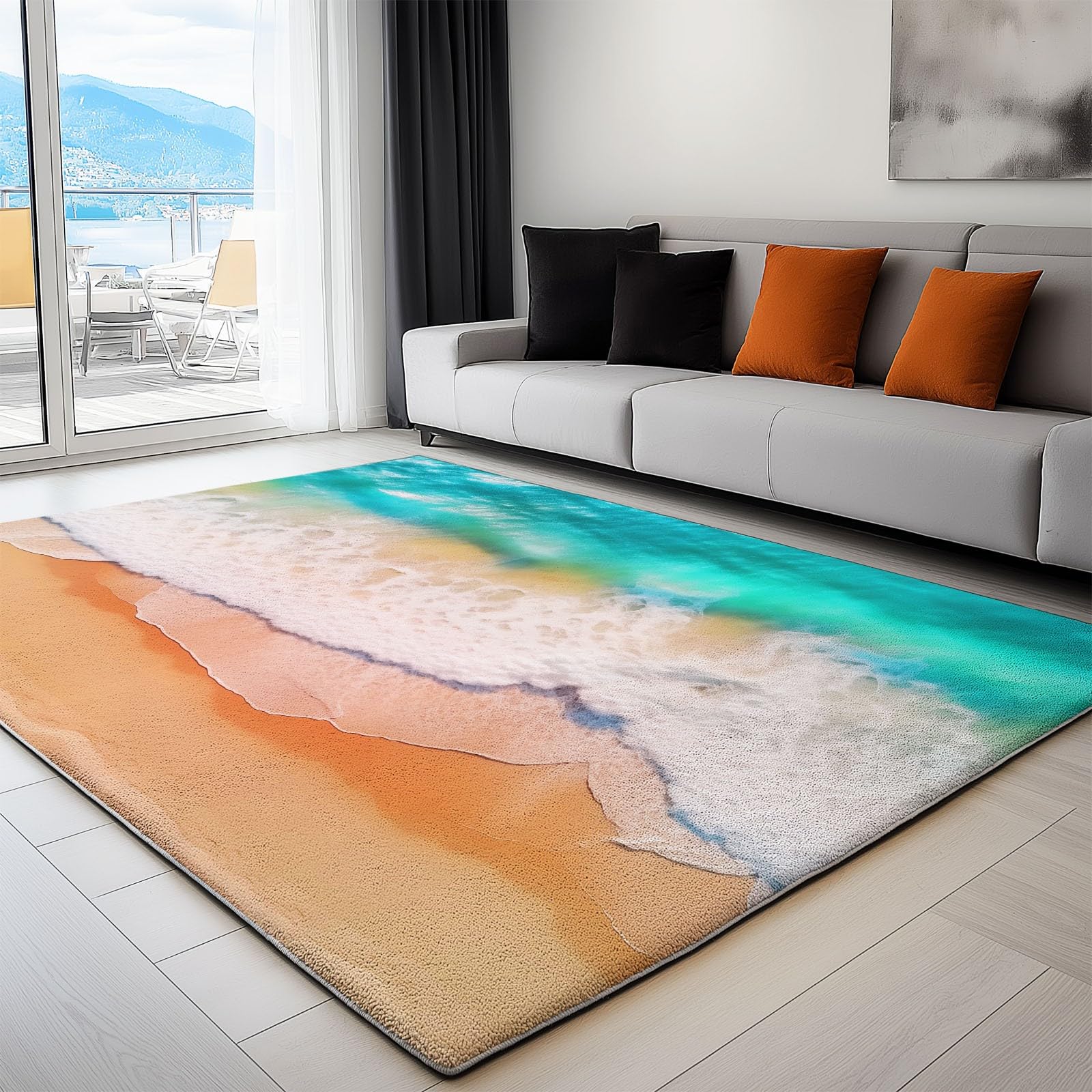 Générique Tapis de Salon 140 x 200 cm Tapis Poil Court Fin Doux Léger Résistant, Vagues et Rayures Plage Super Doux Côtier pour Salle à Manger et Bureau Chambre Cuisine