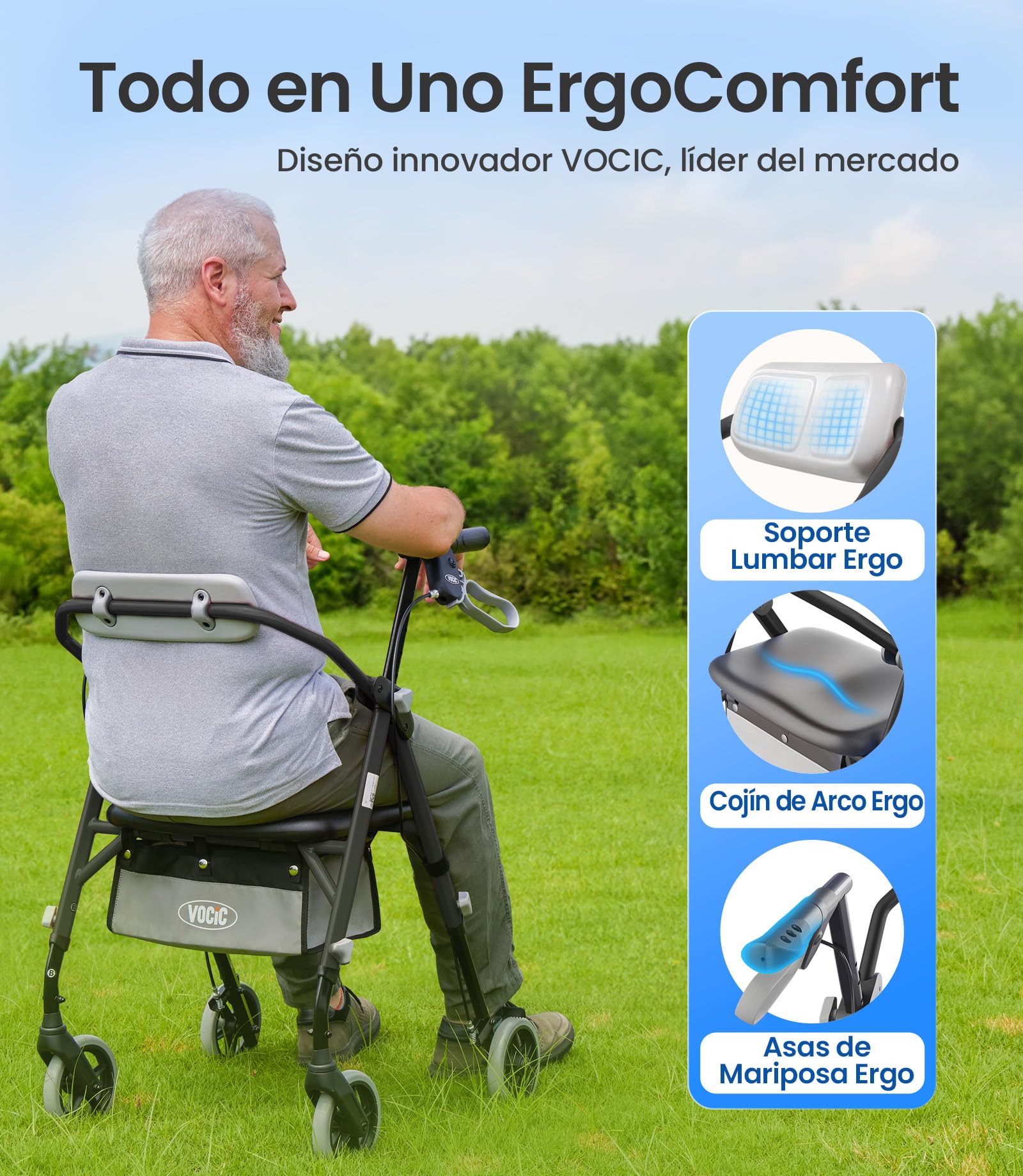 VOCIC Z11 Andador para ancianos, máx 172 kg, andador estrecho para apartamento, andador con ruedas & asiento,andador adultos & plegable,Asiento y respaldo ergonómicos, Asa de altura ajustable,Ébano