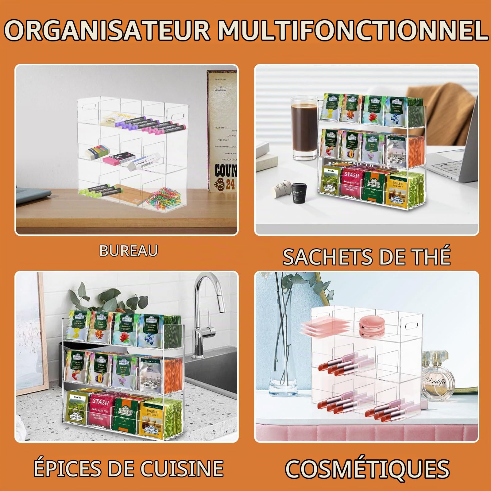 mumisuto Boite a The en Acrylique avec 12 Compartiments pour 216 Sachet Thé, Boite à Thé Gain de Place & sans Odeur 29,6 x 9,8 x 26,4 cm, Moderne & Élégant Boite Transparente pour Le Rangement