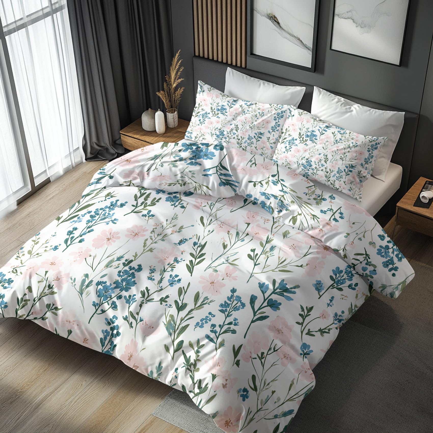Double Duvet Cover Set, Pink Floral Duvet Cover & 2 Pillowcases, 3 Piece Botanical Blue Wild Flower Reversible Bedding for Bedroom Decor, Ultra Soft Microfiber, with Zip -b349