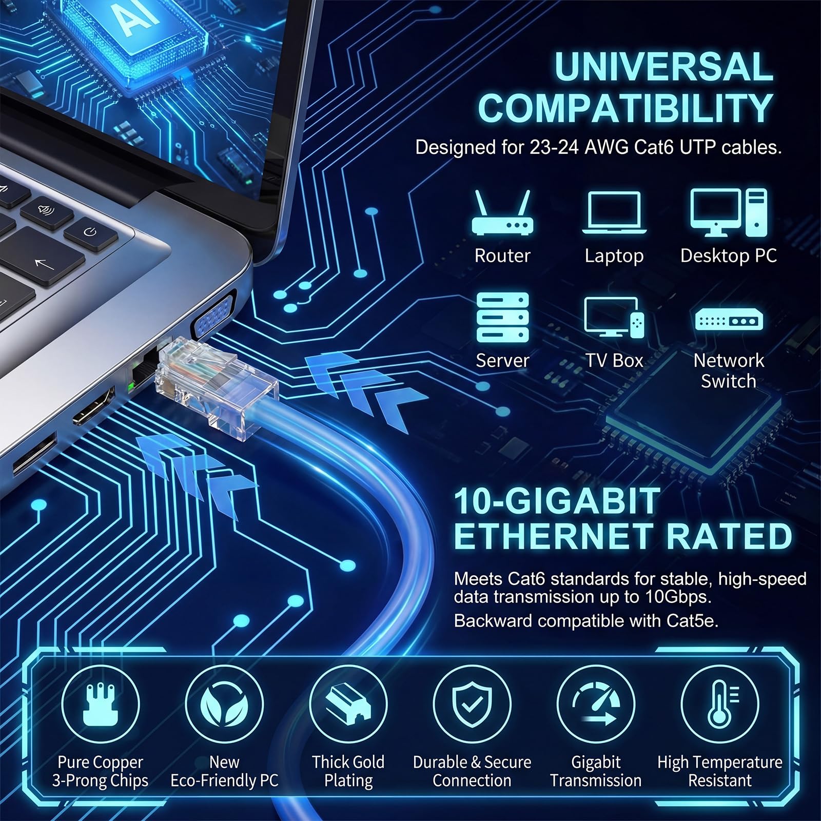Tellegloww Lot de 500 connecteurs RJ45 Cat6 en vrac plaqués or 6µ pour câbles Ethernet Utp solides et toronnés