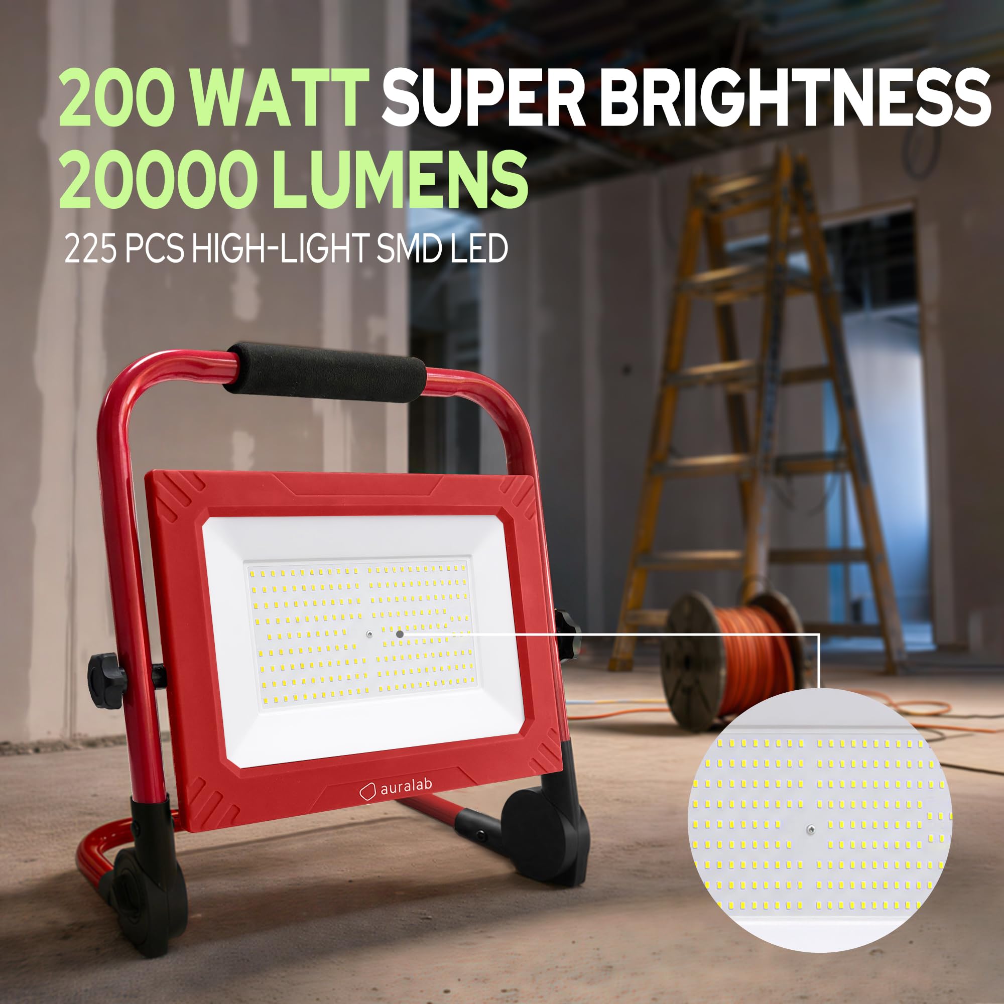 auralab Foco LED Trabajo 200W con Interruptor, 20000LM Foco de Obra Portátil con Cable de 4m, Proyector Impermeable IP65 con Soporte, Luz de Obra 6500K para Garaje, Taller, Camping
