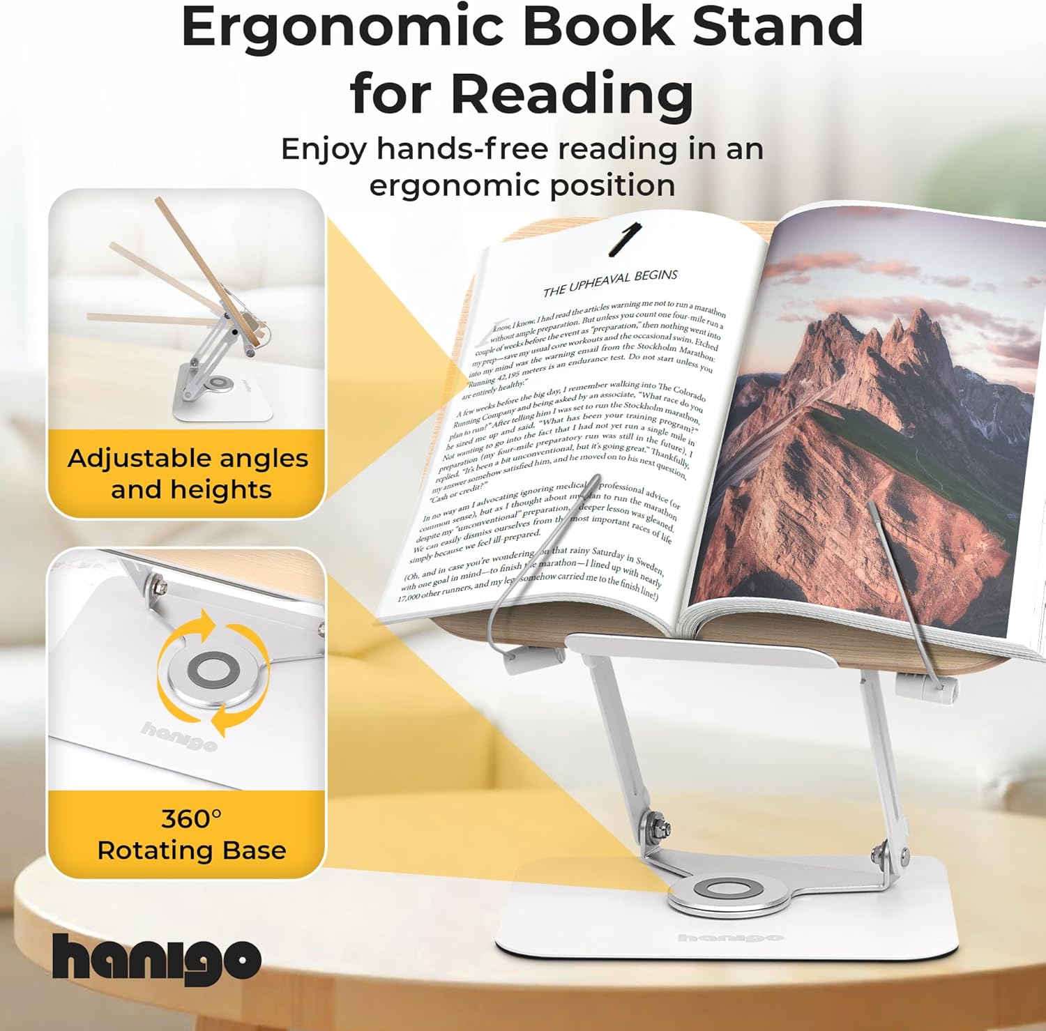 Book Stand for Reading - Adjustable Book Holder with 360° Rotating Base, Ergonomic Design for Extended Reading, Foldable and Portable, Necessity for Textbook, Bible, Cookbook, Music Scores, Tablet