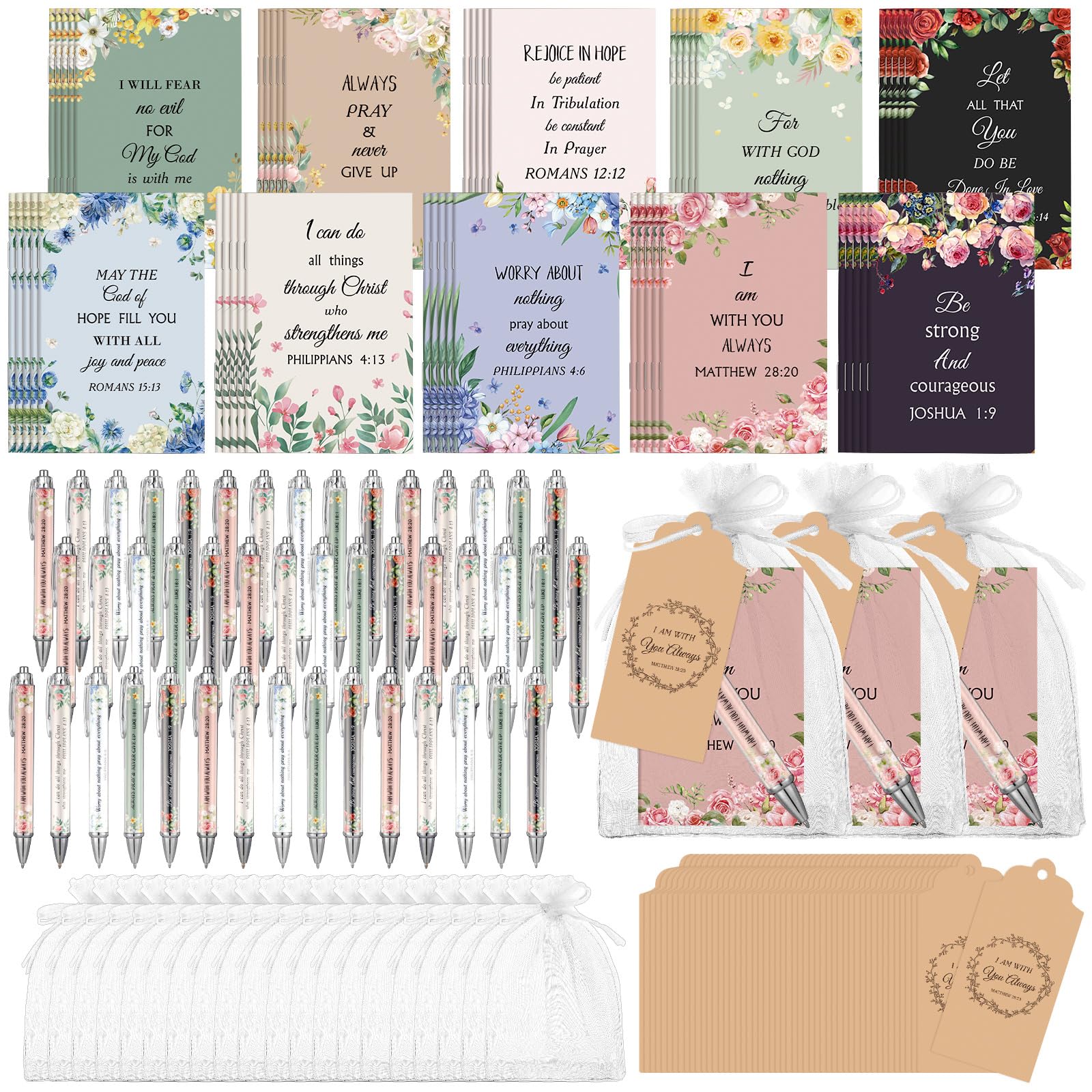 Qeeenar 200 Pcs Christian Gift Sets Church Religious Bible Verse Bulk 50 Scripture Notebooks Gift 50 Ballpoint Pens 50 Thanks Tags 50 Organza Bags for
