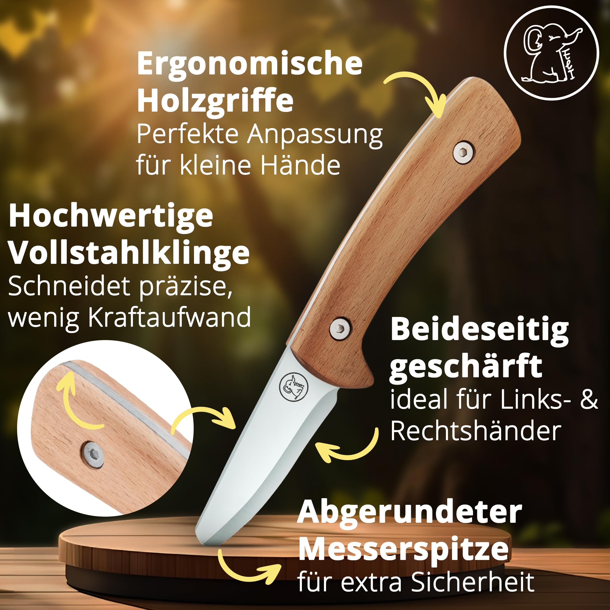 Eli® Schnitzmesser für Kinder mit Ledertasche ab 8 Jahre - hochwertiges Kindermesser Schnitzset inkl. schnittfeste Handschuhe - Kinderschnitzmesser - Schnitzwerkzeug - Outdoor Messer