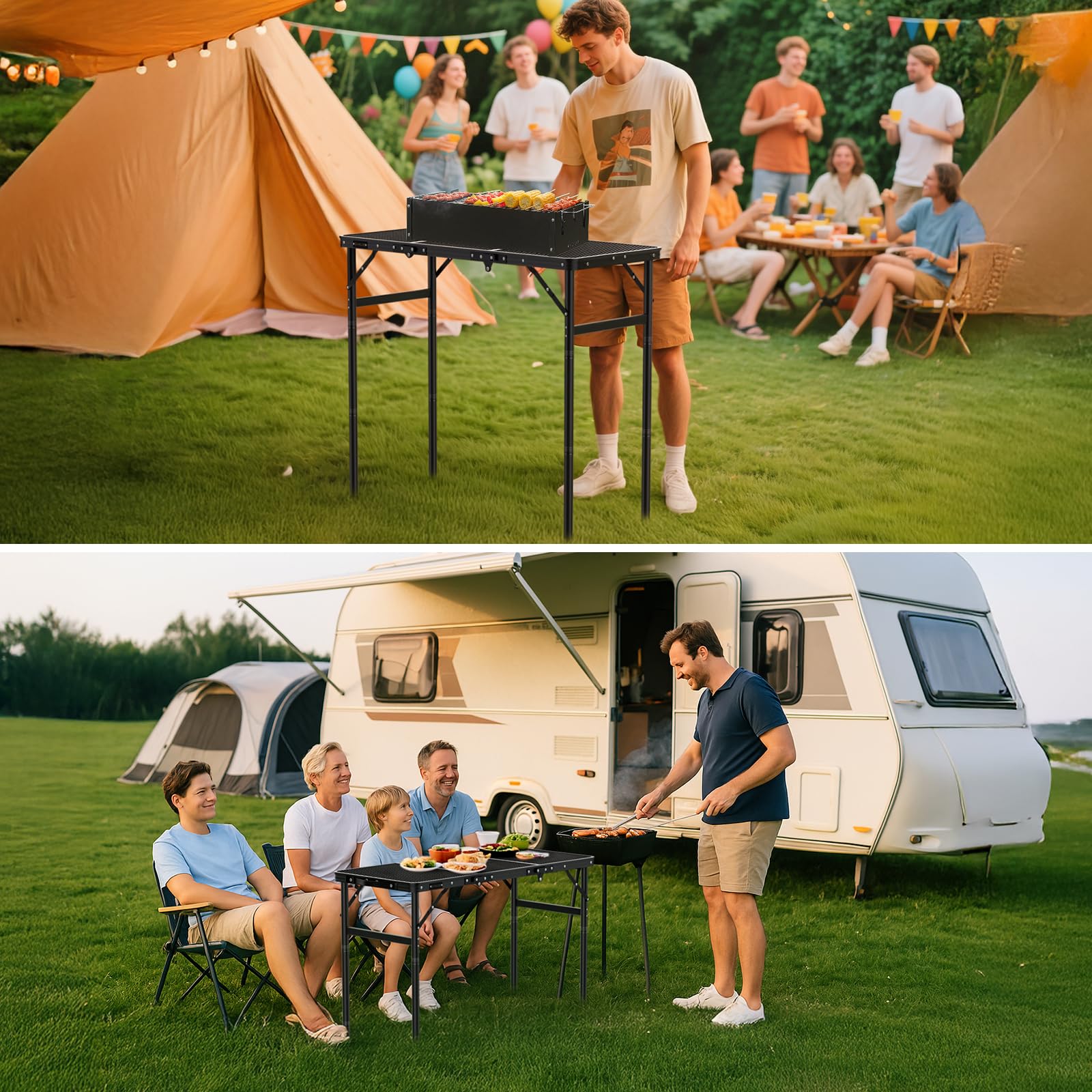 GARLLEN Tavolo Pieghevole per Barbecue,90x40 cm,3 Altezze Regolabili (27/51/74 cm),Tavolo da Giardino in Alluminio,Nero,per Campeeggio Picnic e Spiaggia