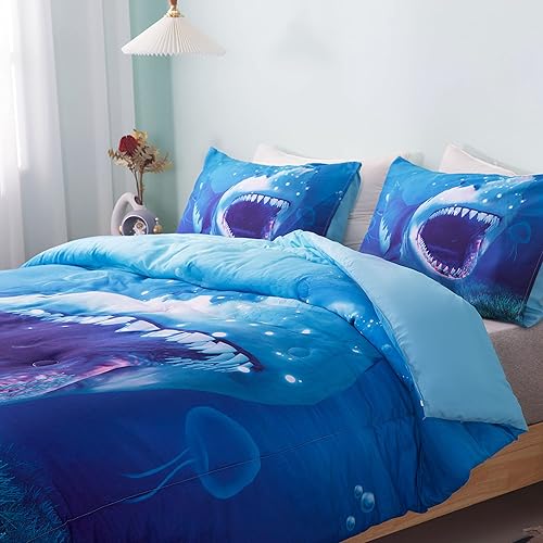 Miniatura 4 de Juego de edredón de tiburón con estampado de animales para todas las estaciones 3 piezas con 2 fundas de almohada para niños niñas individual azul