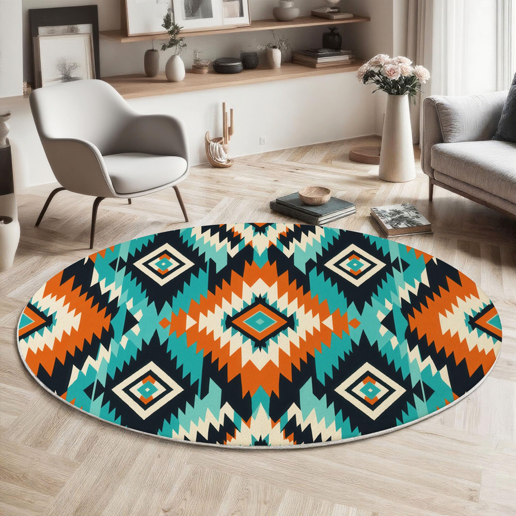 Tapis rond 100cm poil ras à motif géométrique orange et bleu