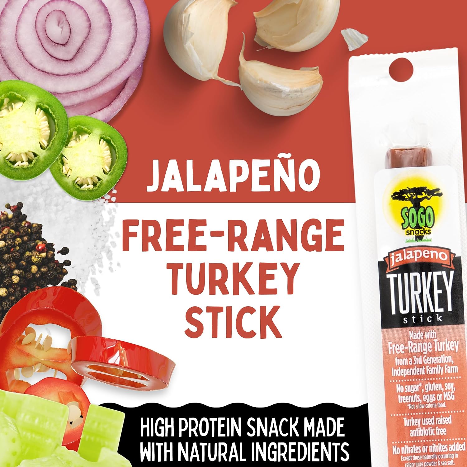 Jalapeño Turkey, Sogo Snacks, No Sugar, 100% Free-Range, Non-GMO Turkey Sticks. No Added Nitrates, Gluten, Soy, MSG, Dairy, Nuts. Keto, Paleo Friendly (Turkey Jalapeño, 1-oz, 12 Cnt)