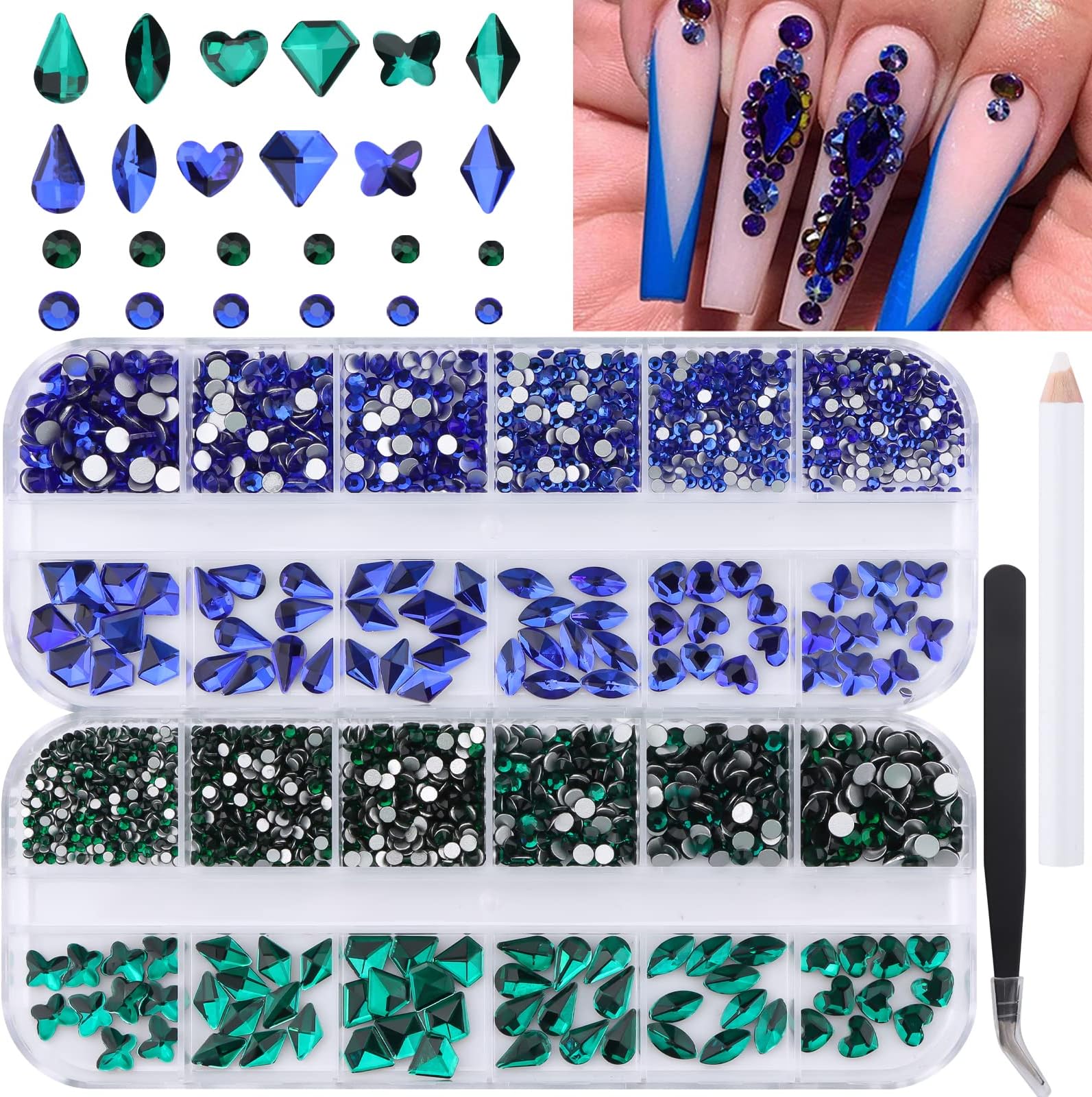 KalolaryGreen Nail Art Rhinestones, 2120 Pcs Blue Crystal Gems Charm Nail Diamond 3D Flat Back Multi Shapes Stone for DIY Acrylic Nail Art Decoration
